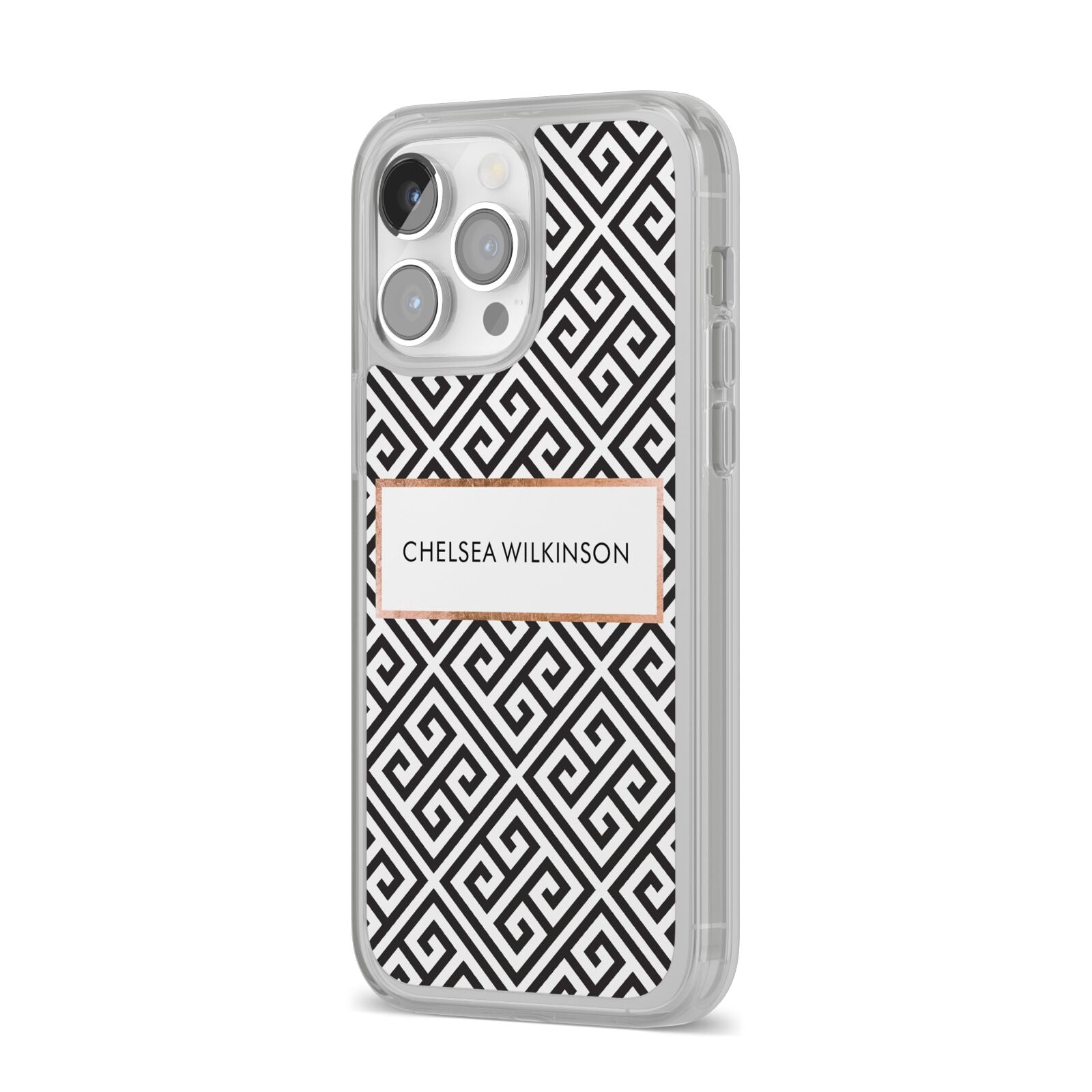 Personalised Black Pattern Name Or Initials iPhone 14 Pro Max Clear Tough Case Silver Angled Image