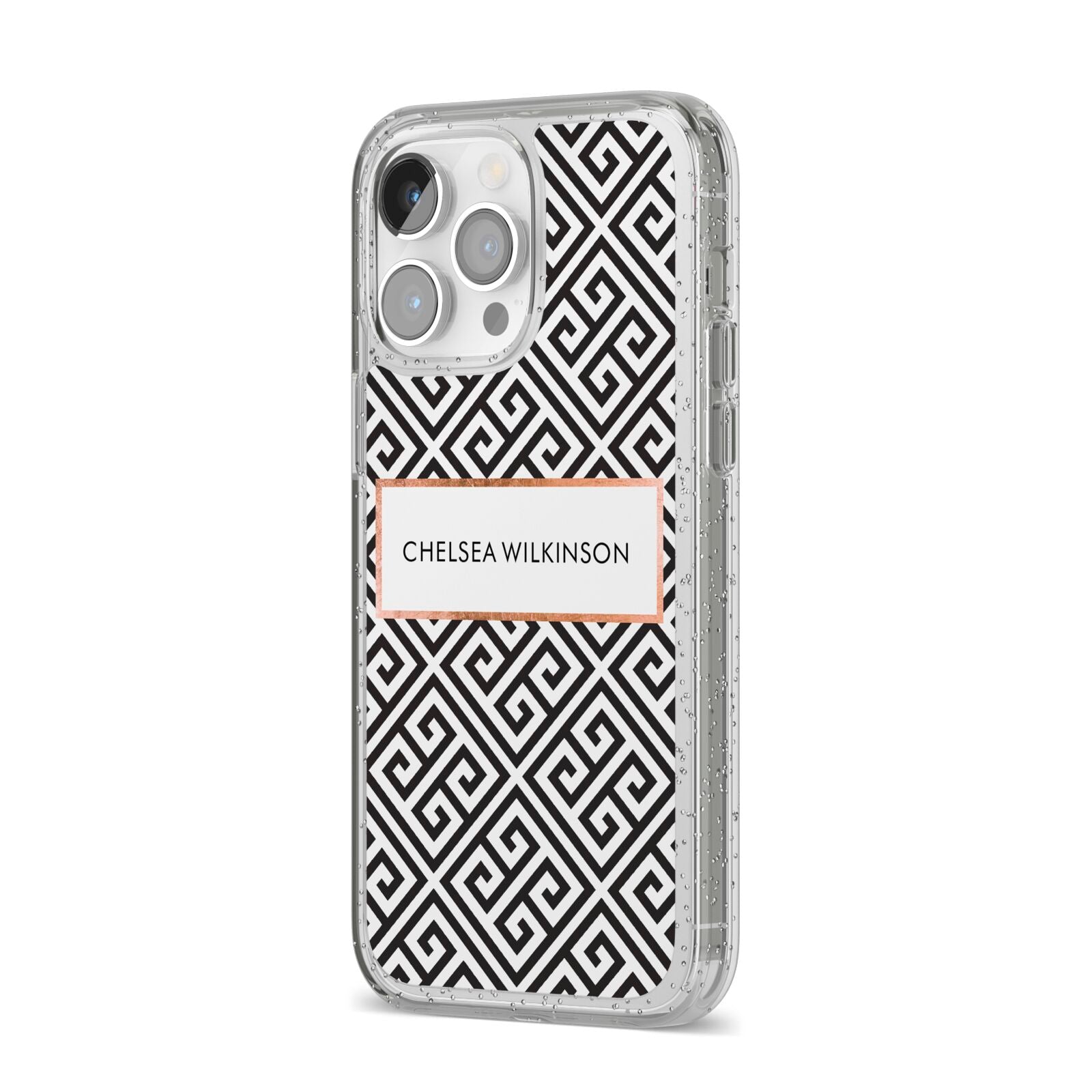 Personalised Black Pattern Name Or Initials iPhone 14 Pro Max Glitter Tough Case Silver Angled Image