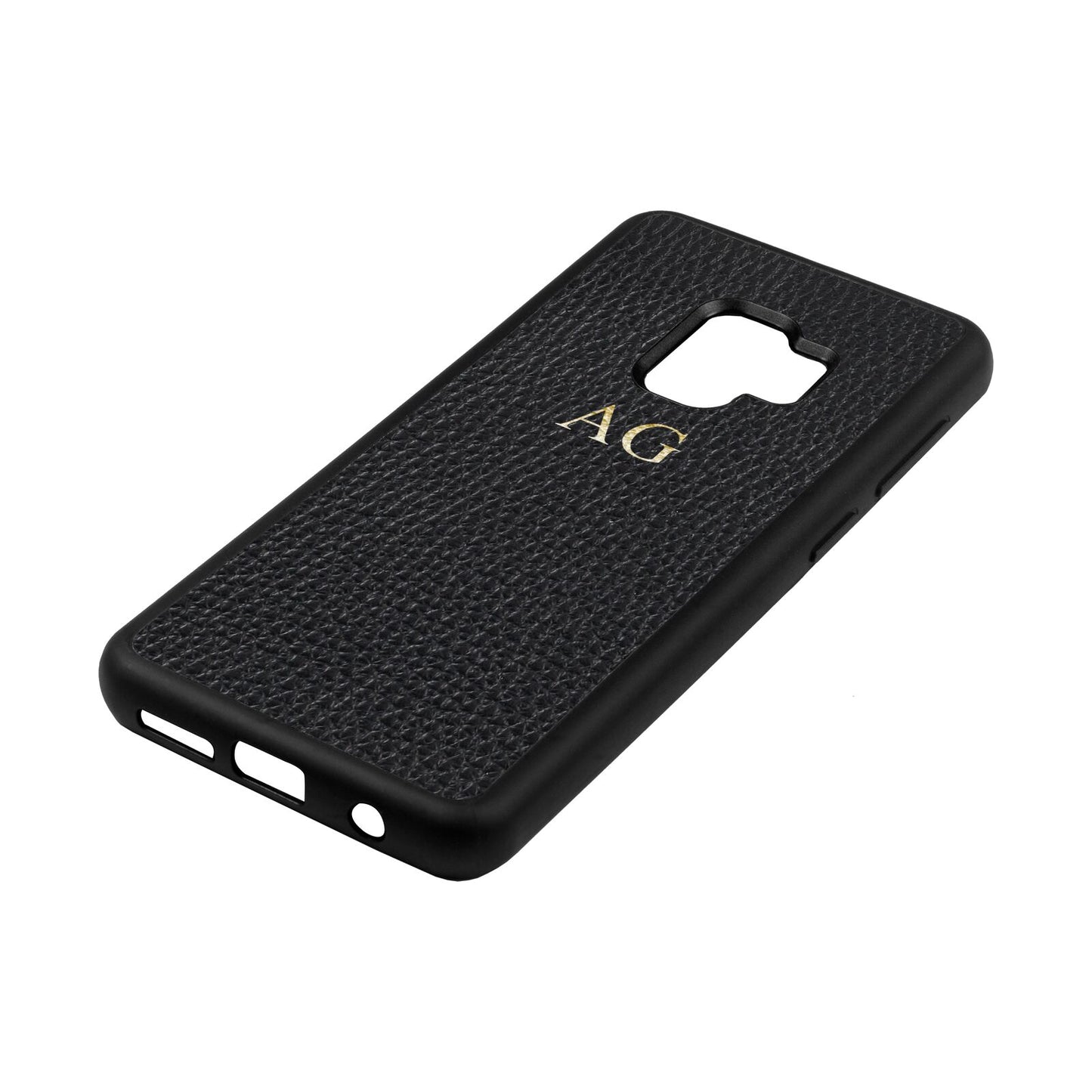 Personalised Black Pebble Leather Samsung S9 Case Side Angle