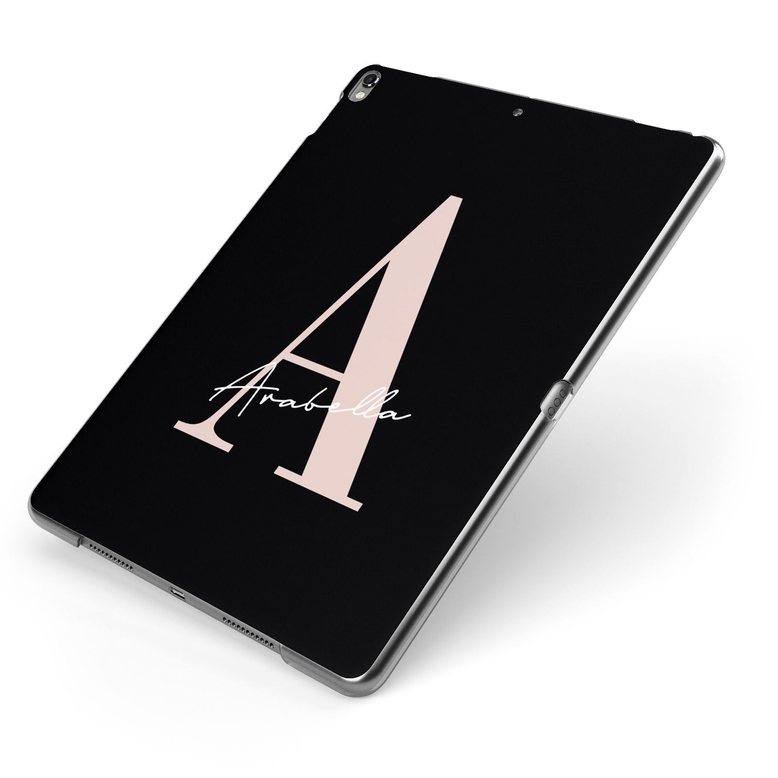 Personalised Black Pink Initial Apple iPad Case on Grey iPad Side View
