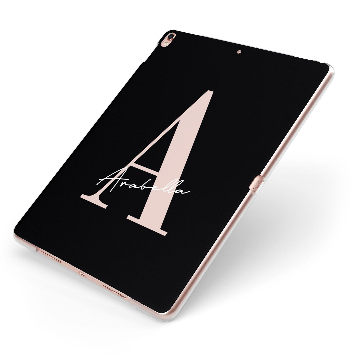 Personalised Black Pink Initial Apple iPad Case on Rose Gold iPad Side View