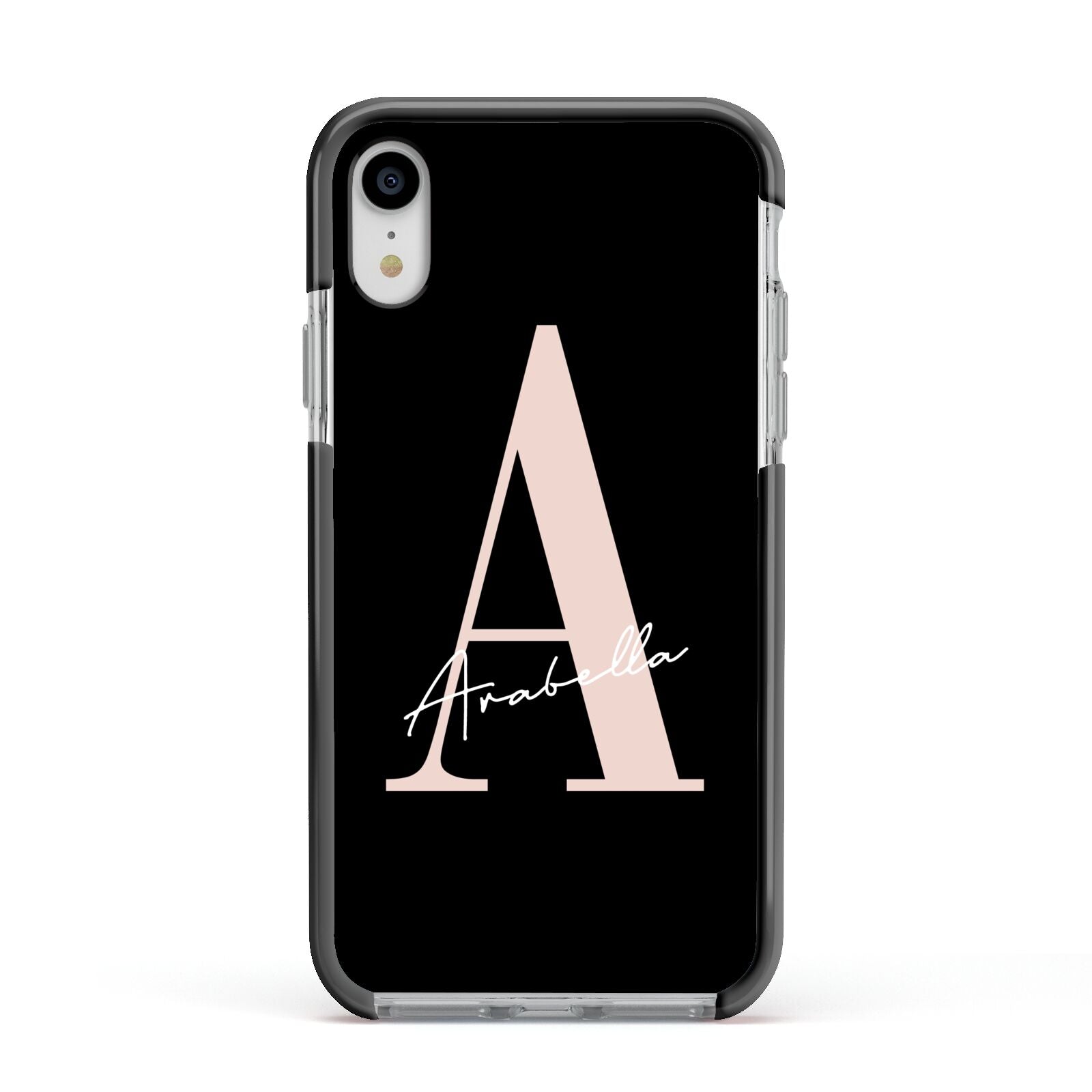 Personalised Black Pink Initial Apple iPhone XR Impact Case Black Edge on Silver Phone