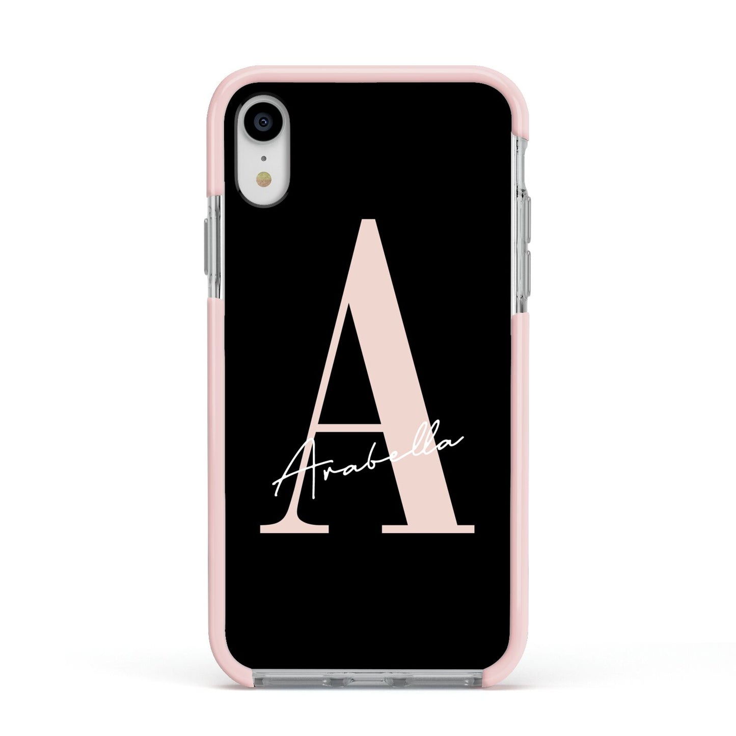 Personalised Black Pink Initial Apple iPhone XR Impact Case Pink Edge on Silver Phone