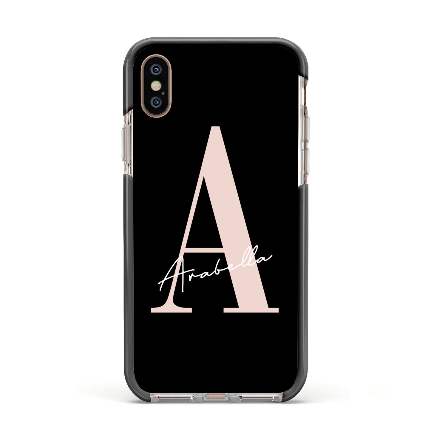 Personalised Black Pink Initial Apple iPhone Xs Impact Case Black Edge on Gold Phone