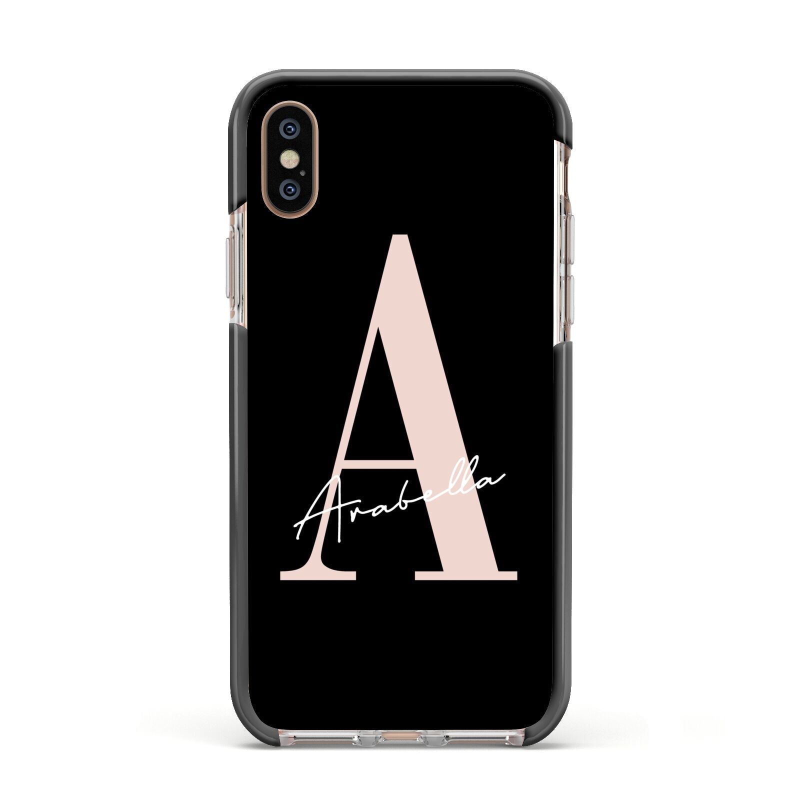 Personalised Black Pink Initial Apple iPhone Xs Impact Case Black Edge on Gold Phone