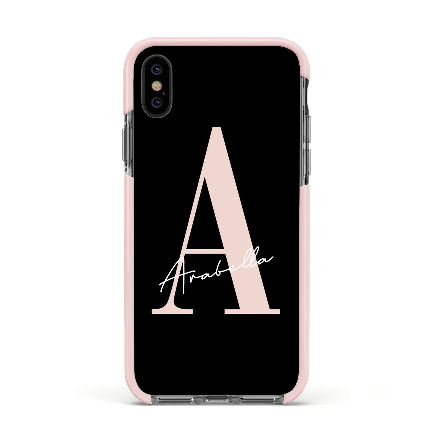 Personalised Black Pink Initial Apple iPhone Xs Impact Case Pink Edge on Black Phone