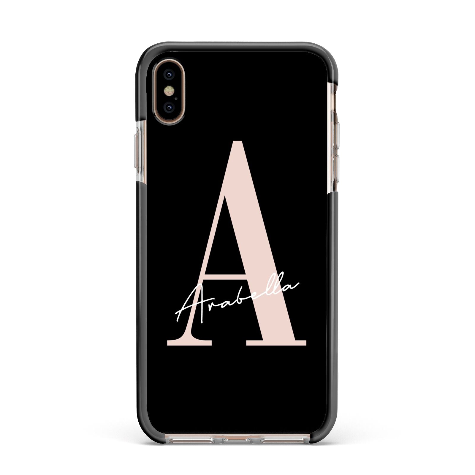 Personalised Black Pink Initial Apple iPhone Xs Max Impact Case Black Edge on Gold Phone
