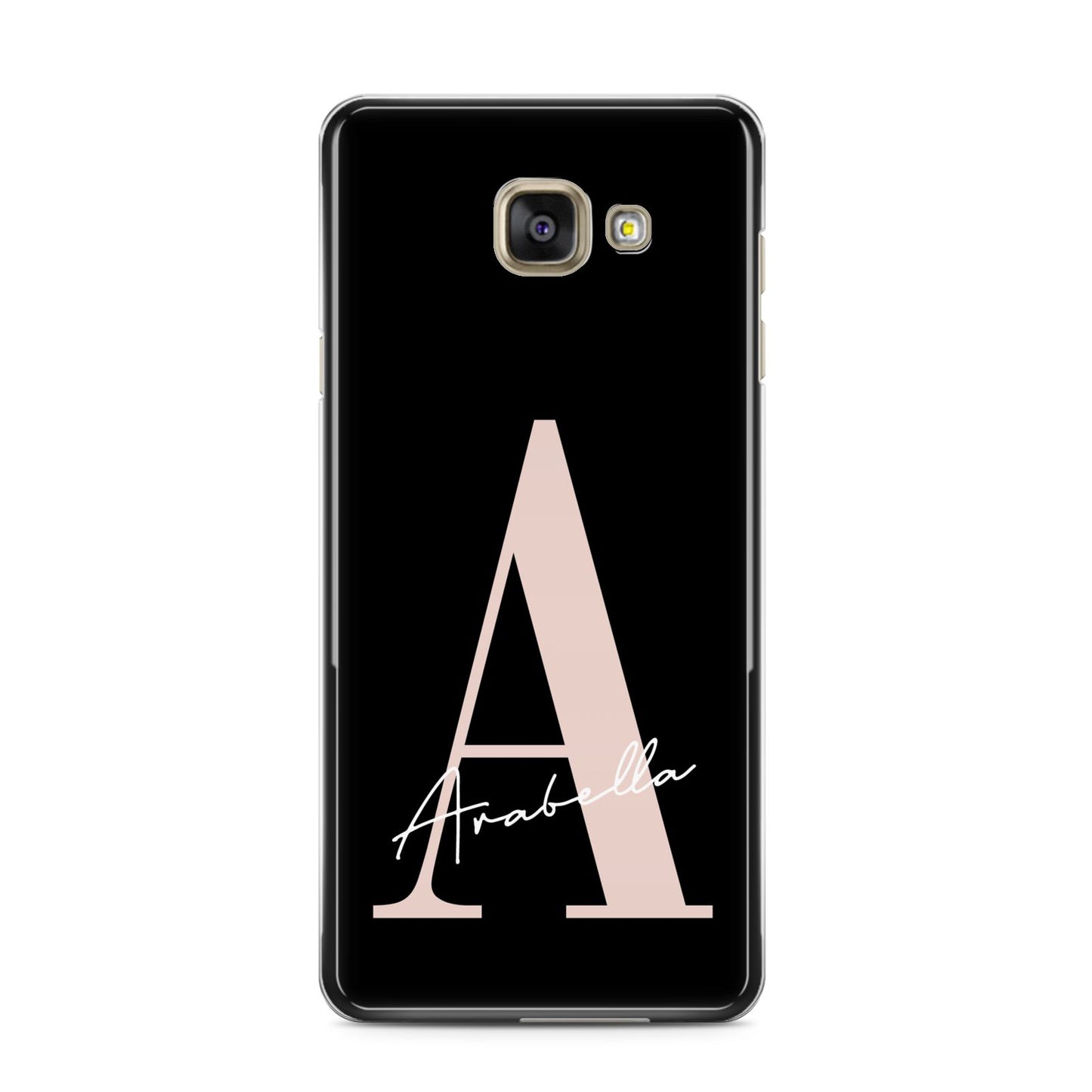 Personalised Black Pink Initial Samsung Galaxy A3 2016 Case on gold phone