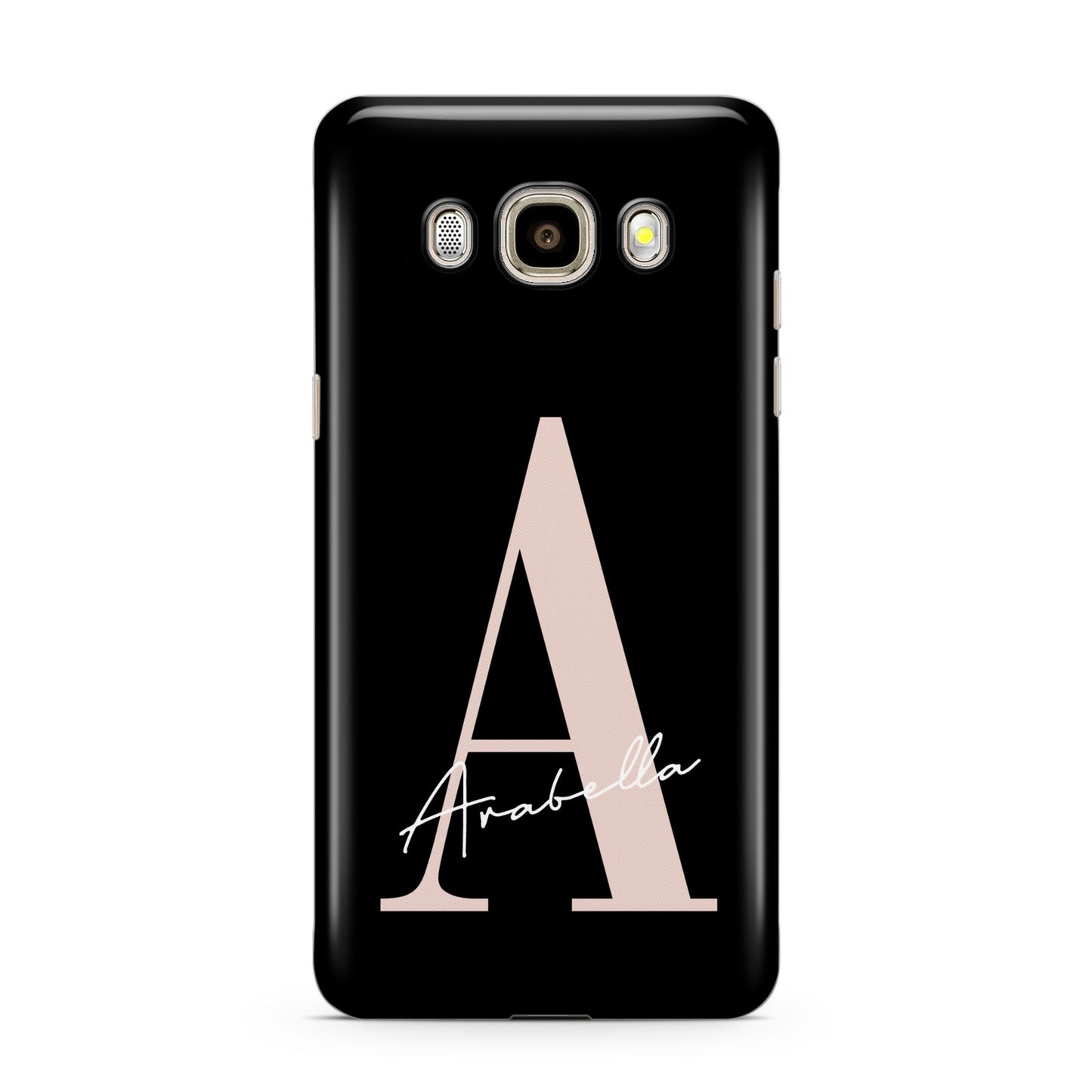 Personalised Black Pink Initial Samsung Galaxy J7 2016 Case on gold phone