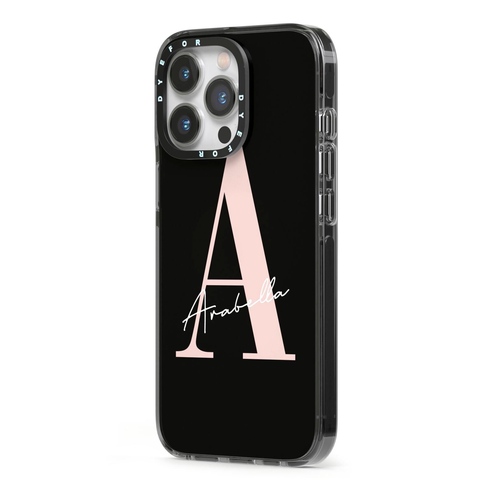 Personalised Black Pink Initial iPhone 13 Pro Black Impact Case Side Angle on Silver phone