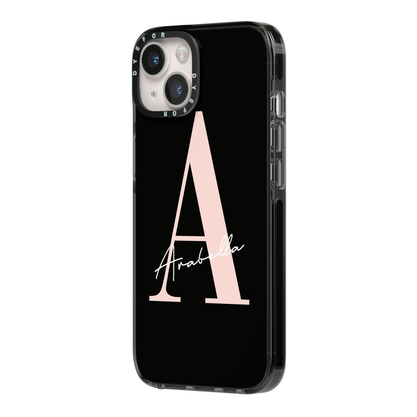 Personalised Black Pink Initial iPhone 14 Black Impact Case Side Angle on Silver phone