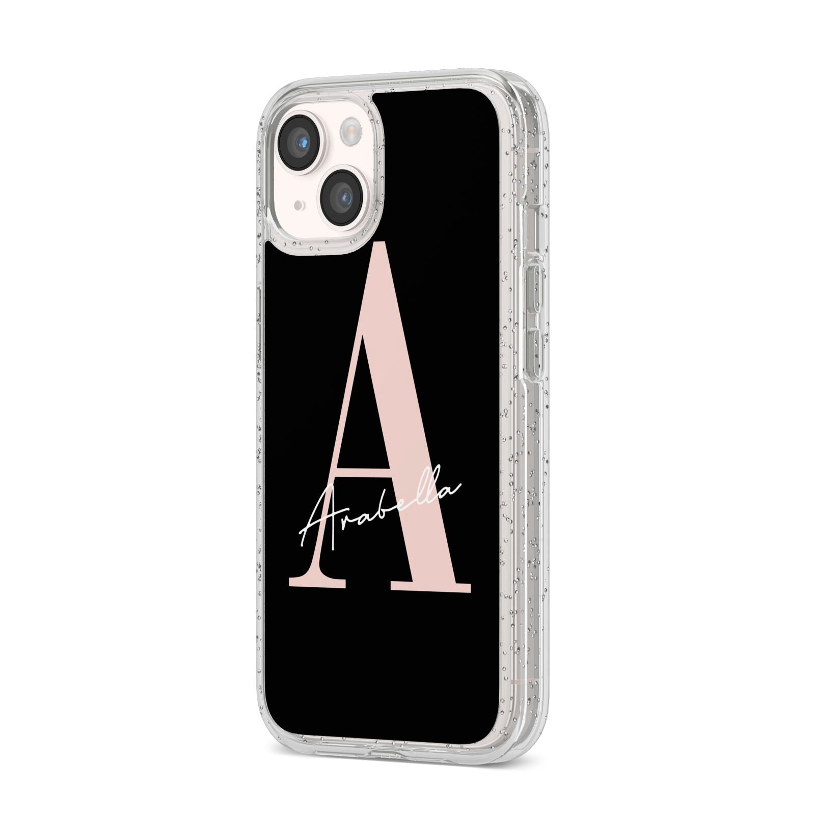 Personalised Black Pink Initial iPhone 14 Glitter Tough Case Starlight Angled Image