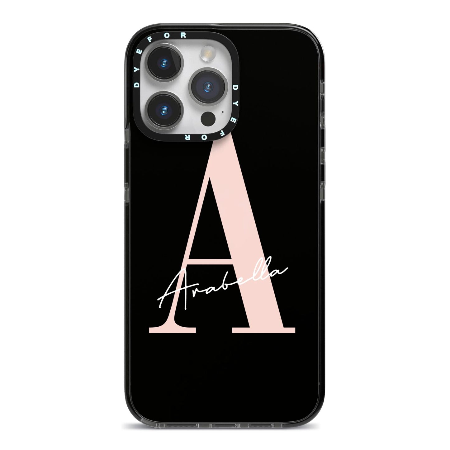 Personalised Black Pink Initial iPhone 14 Pro Max Black Impact Case on Silver phone