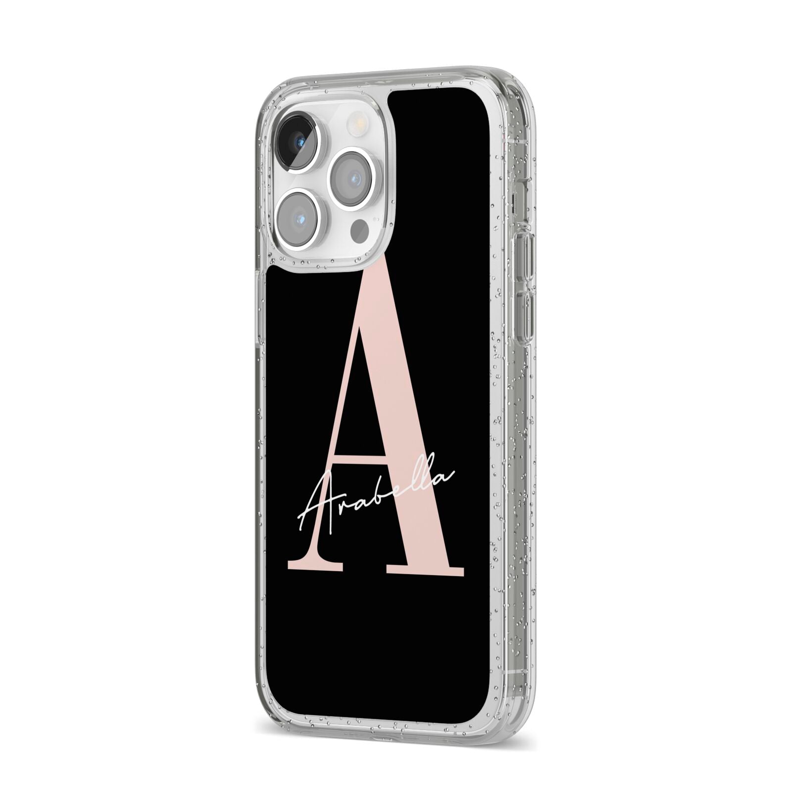 Personalised Black Pink Initial iPhone 14 Pro Max Glitter Tough Case Silver Angled Image