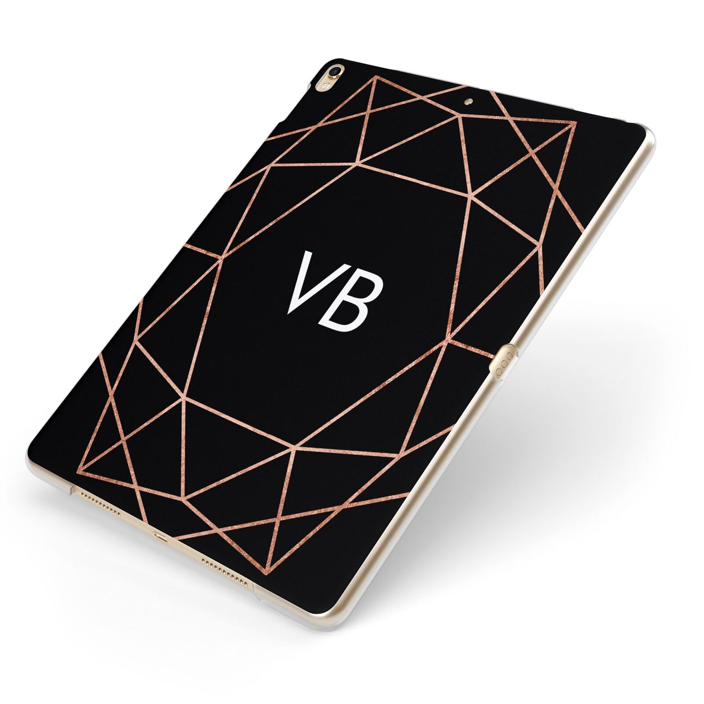Personalised Black Rose Gold Initials Geometric Apple iPad Case on Gold iPad Side View