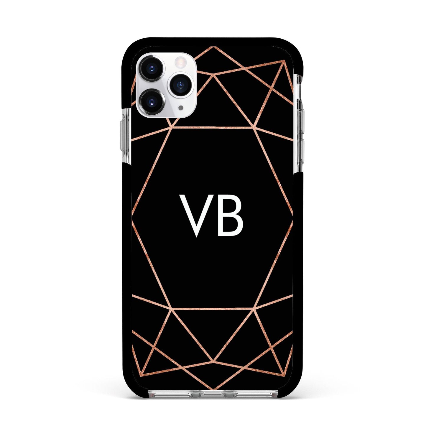 Personalised Black Rose Gold Initials Geometric Apple iPhone 11 Pro Max in Silver with Black Impact Case