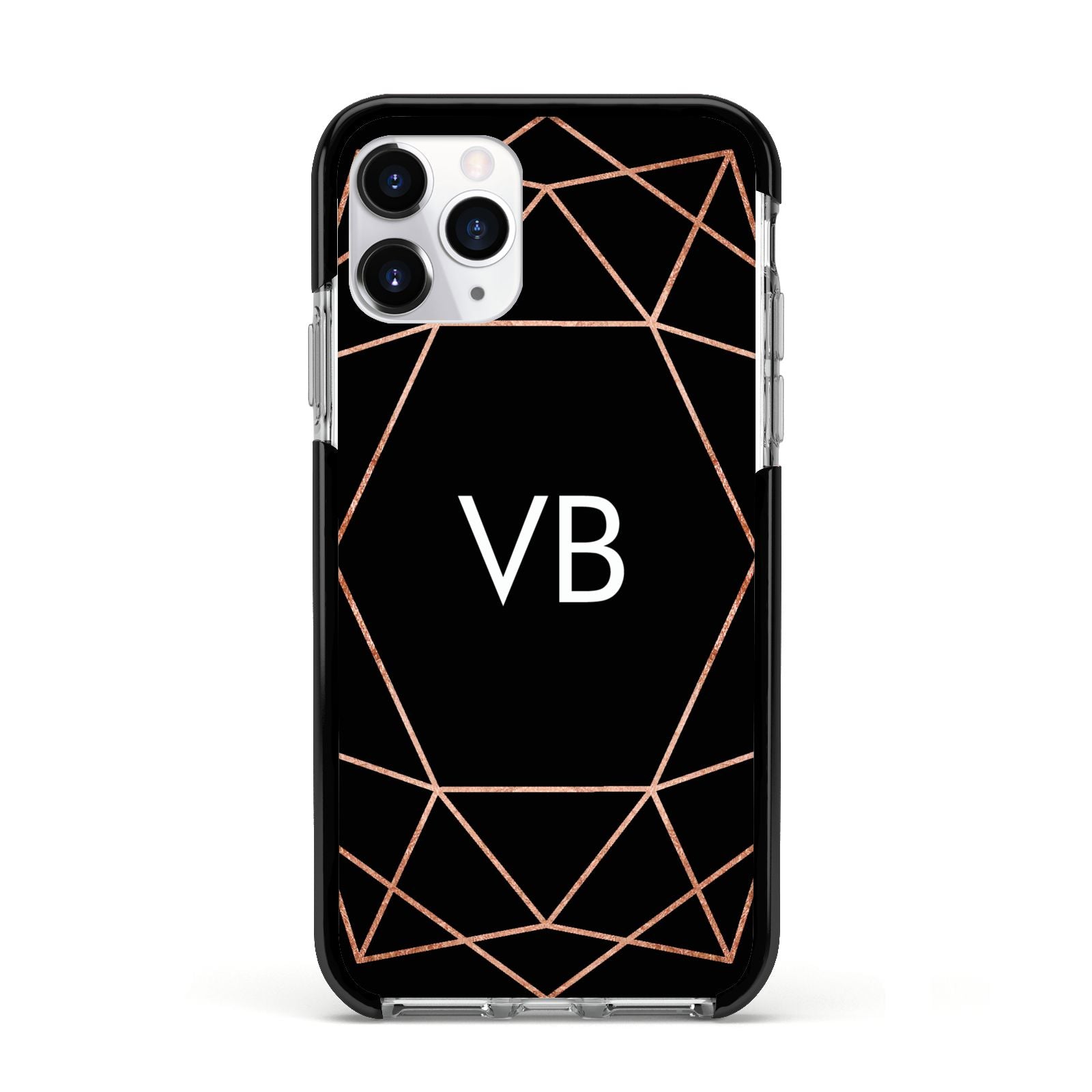 Personalised Black Rose Gold Initials Geometric Apple iPhone 11 Pro in Silver with Black Impact Case