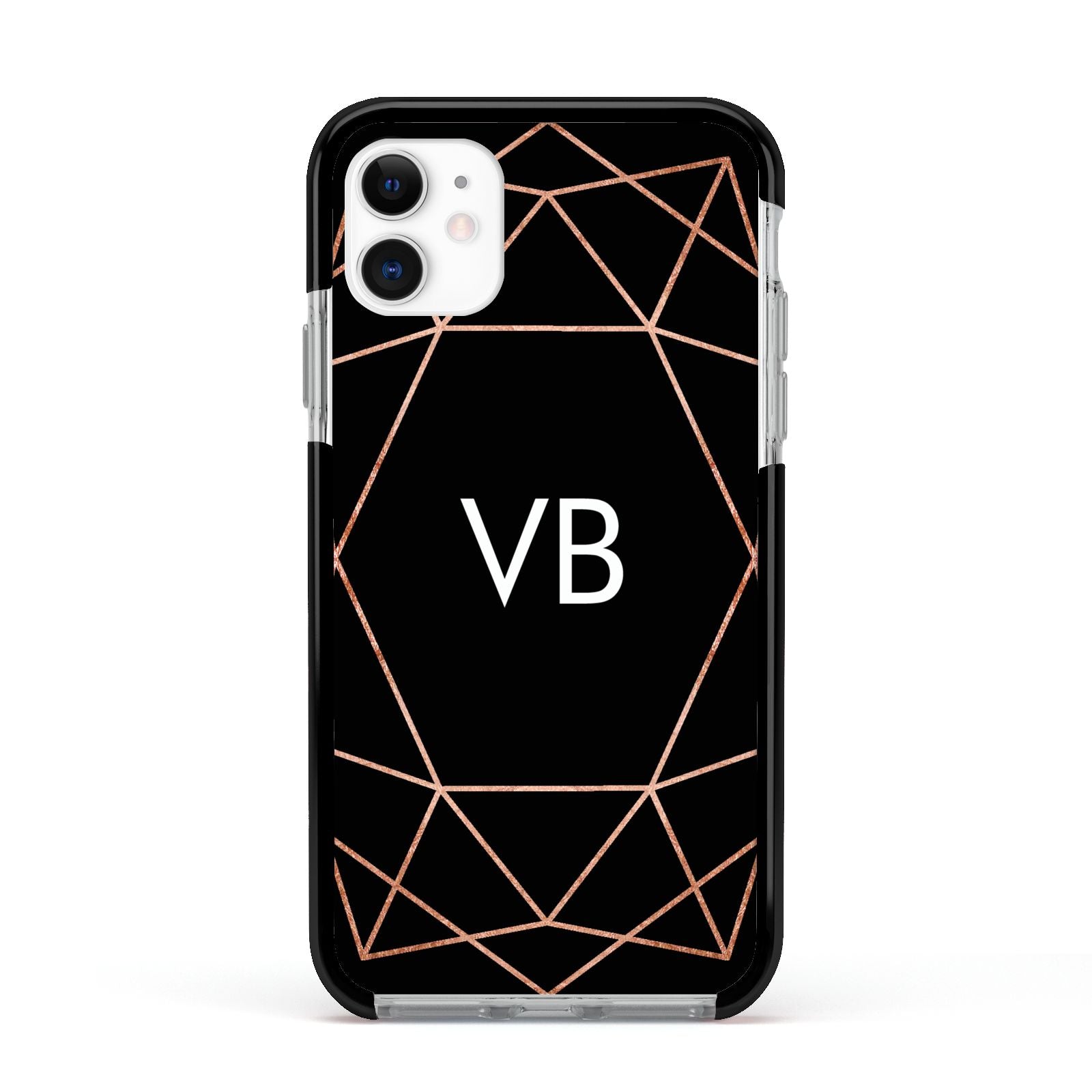 Personalised Black Rose Gold Initials Geometric Apple iPhone 11 in White with Black Impact Case