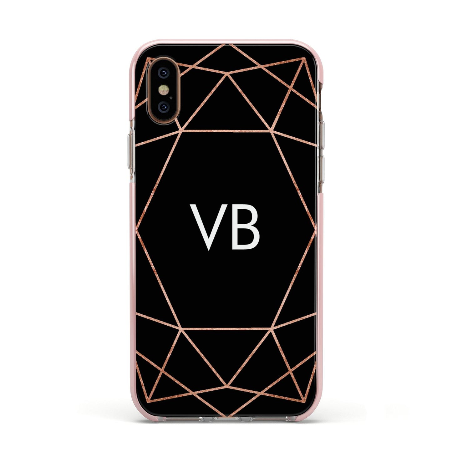 Personalised Black Rose Gold Initials Geometric Apple iPhone Xs Impact Case Pink Edge on Gold Phone