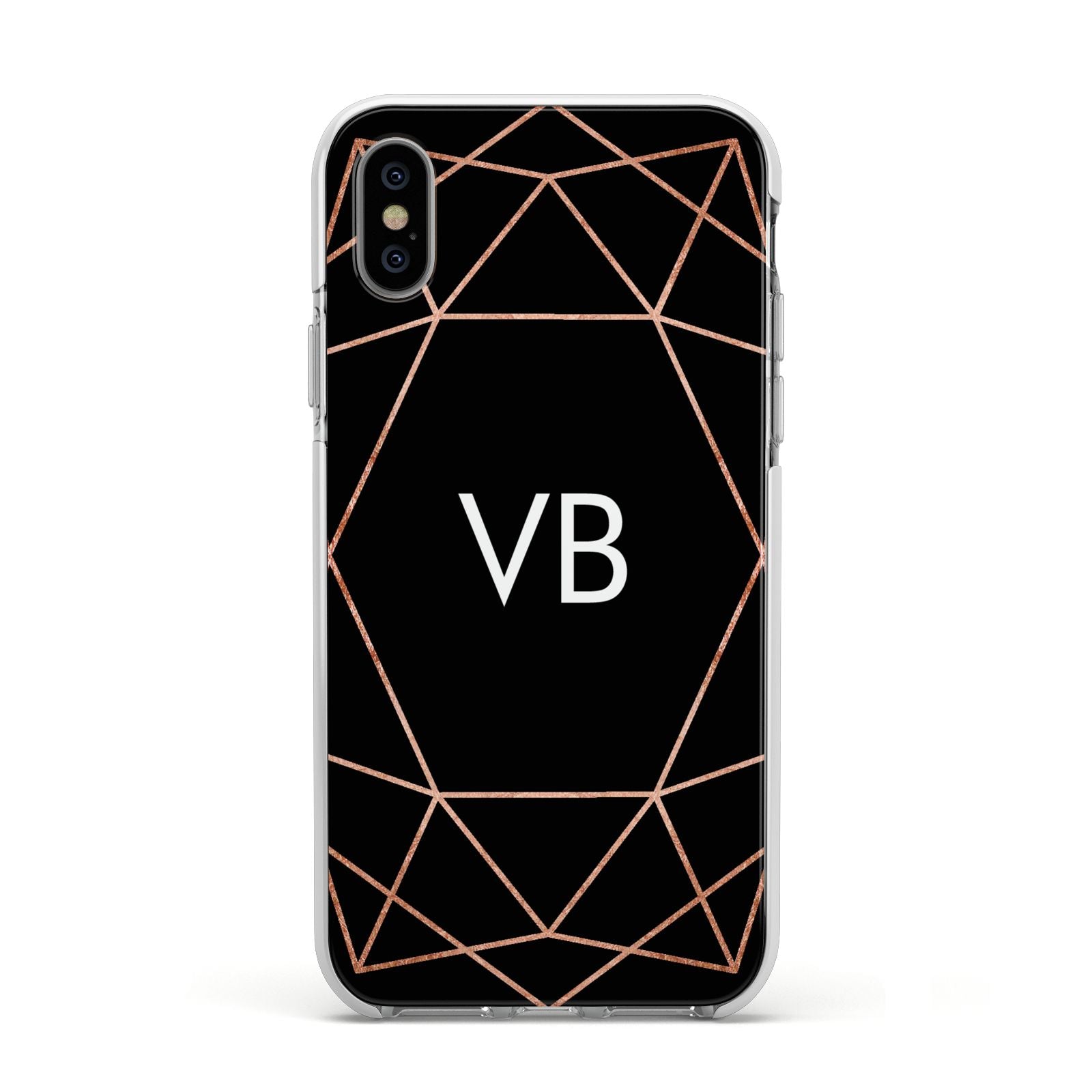 Personalised Black Rose Gold Initials Geometric Apple iPhone Xs Impact Case White Edge on Silver Phone