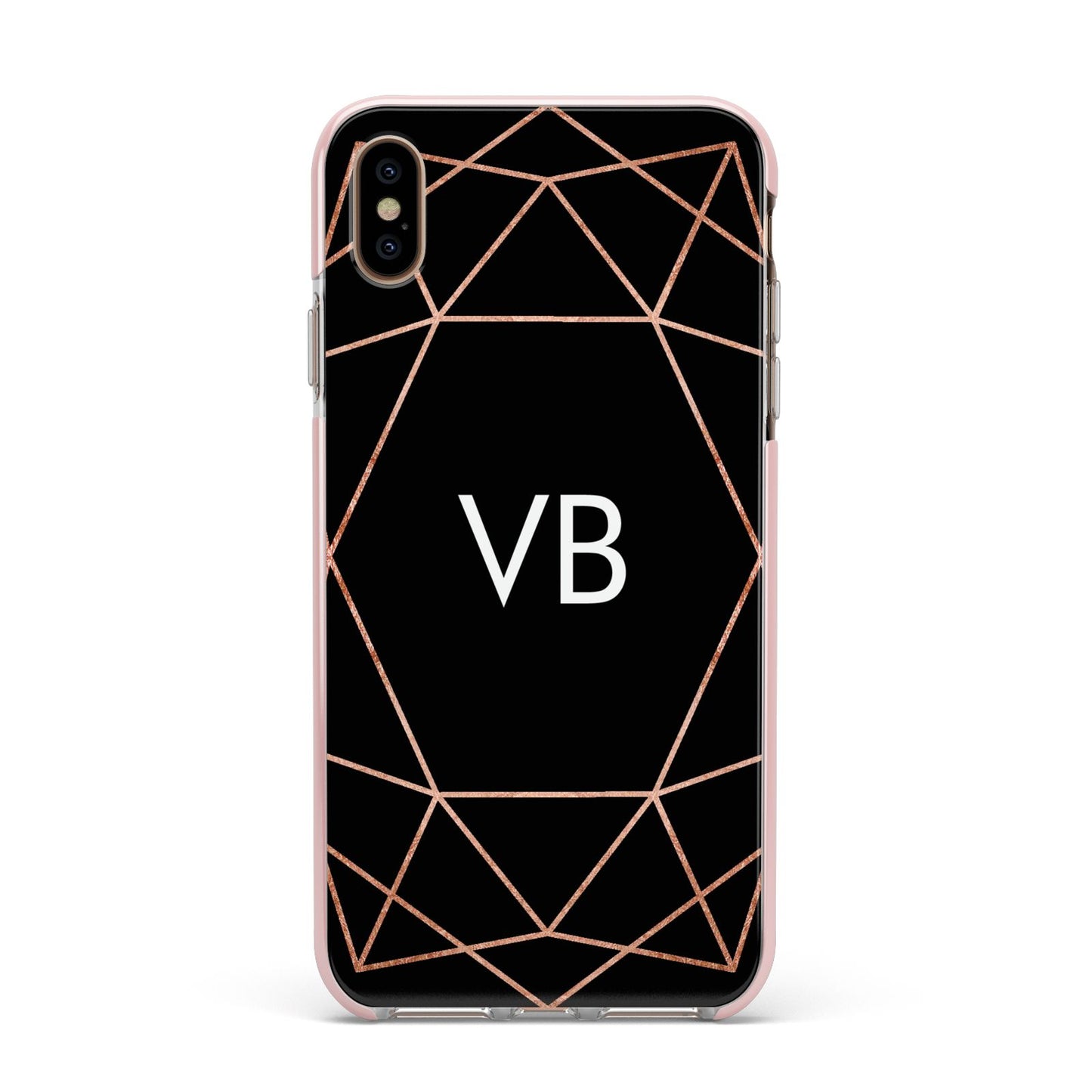 Personalised Black Rose Gold Initials Geometric Apple iPhone Xs Max Impact Case Pink Edge on Gold Phone