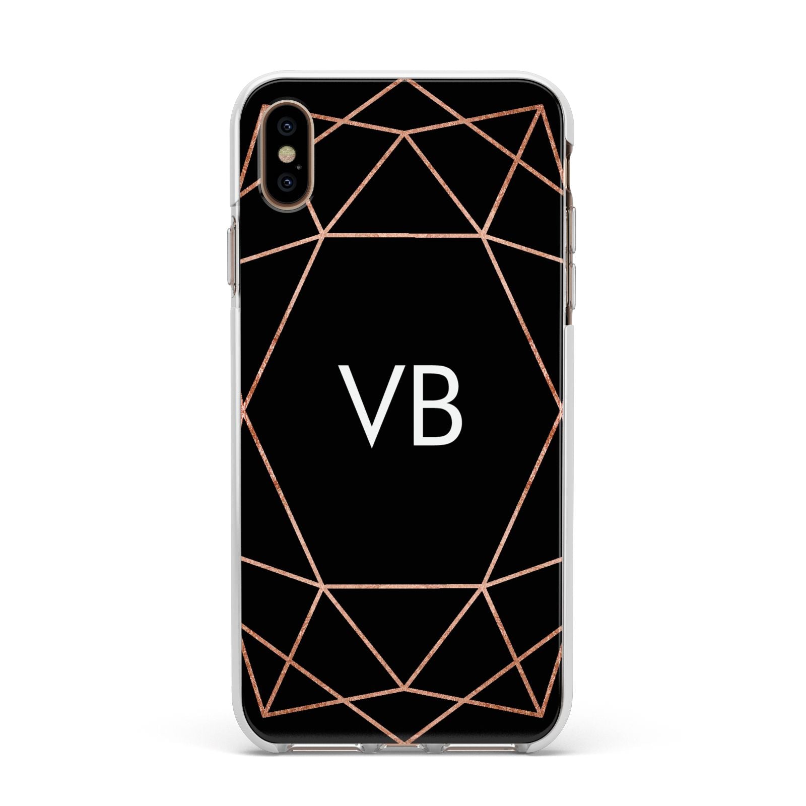 Personalised Black Rose Gold Initials Geometric Apple iPhone Xs Max Impact Case White Edge on Gold Phone