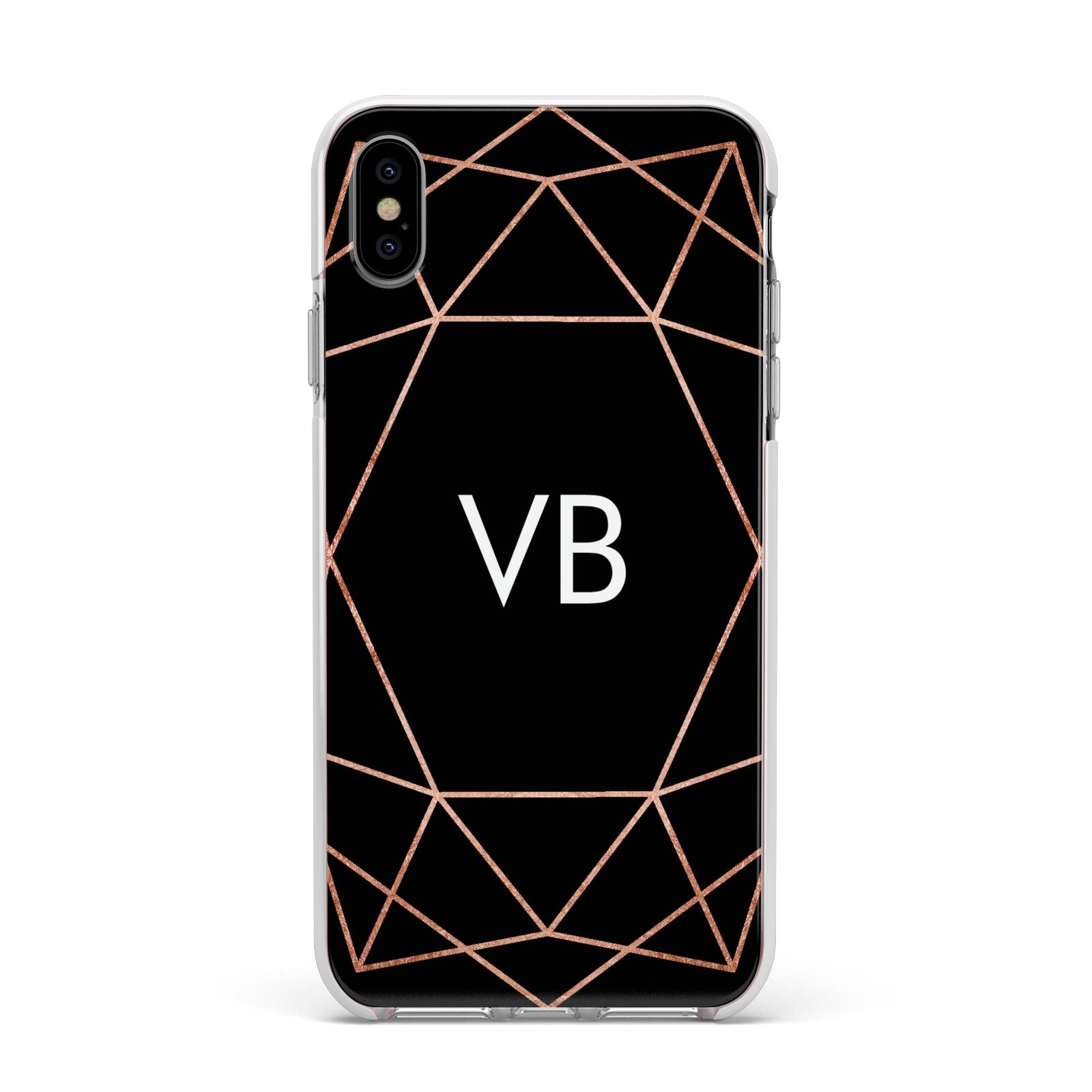 Personalised Black Rose Gold Initials Geometric Apple iPhone Xs Max Impact Case White Edge on Silver Phone