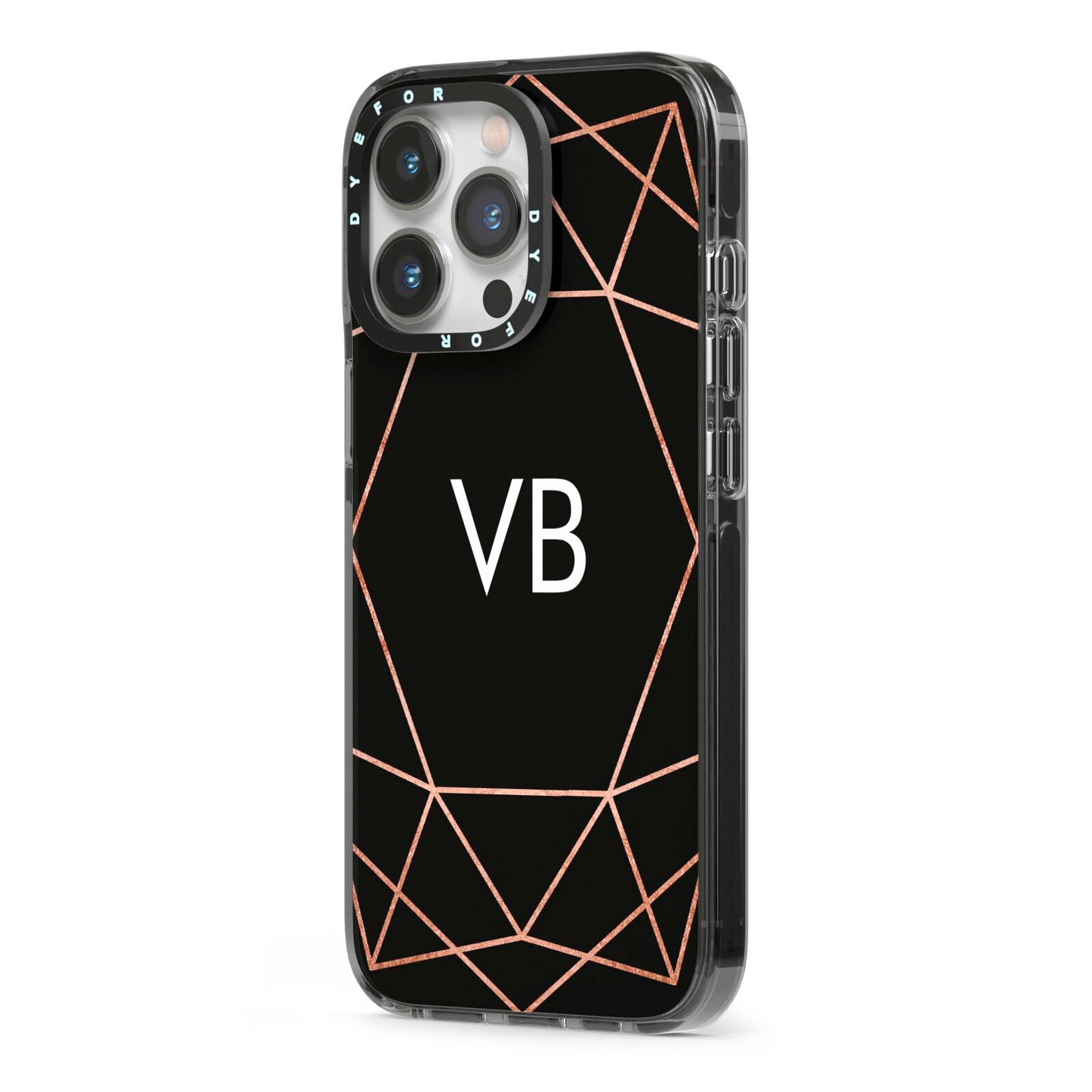 Personalised Black Rose Gold Initials Geometric iPhone 13 Pro Black Impact Case Side Angle on Silver phone