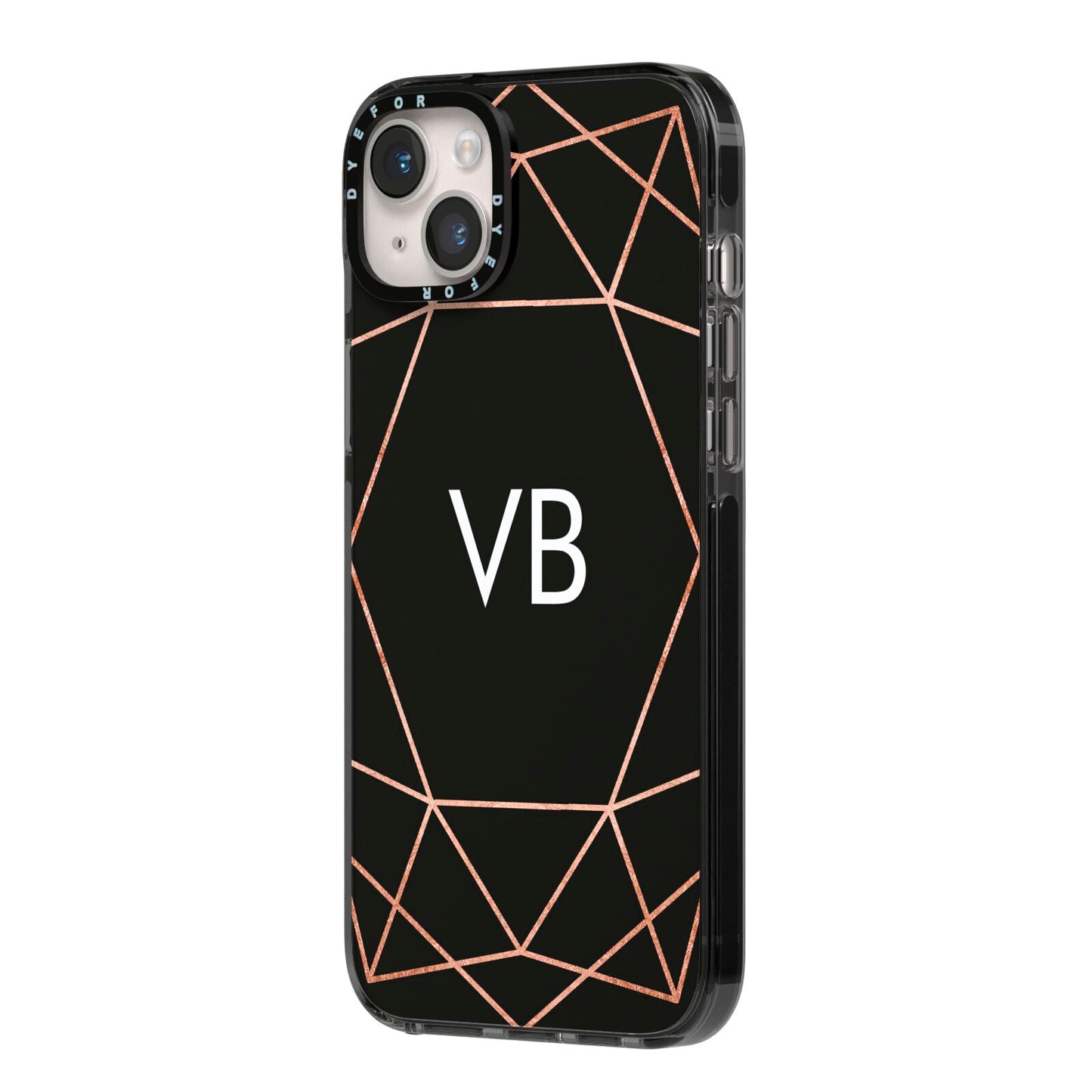 Personalised Black Rose Gold Initials Geometric iPhone 14 Plus Black Impact Case Side Angle on Silver phone