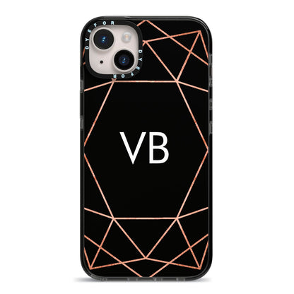 Personalised Black Rose Gold Initials Geometric iPhone 14 Plus Black Impact Case on Silver phone