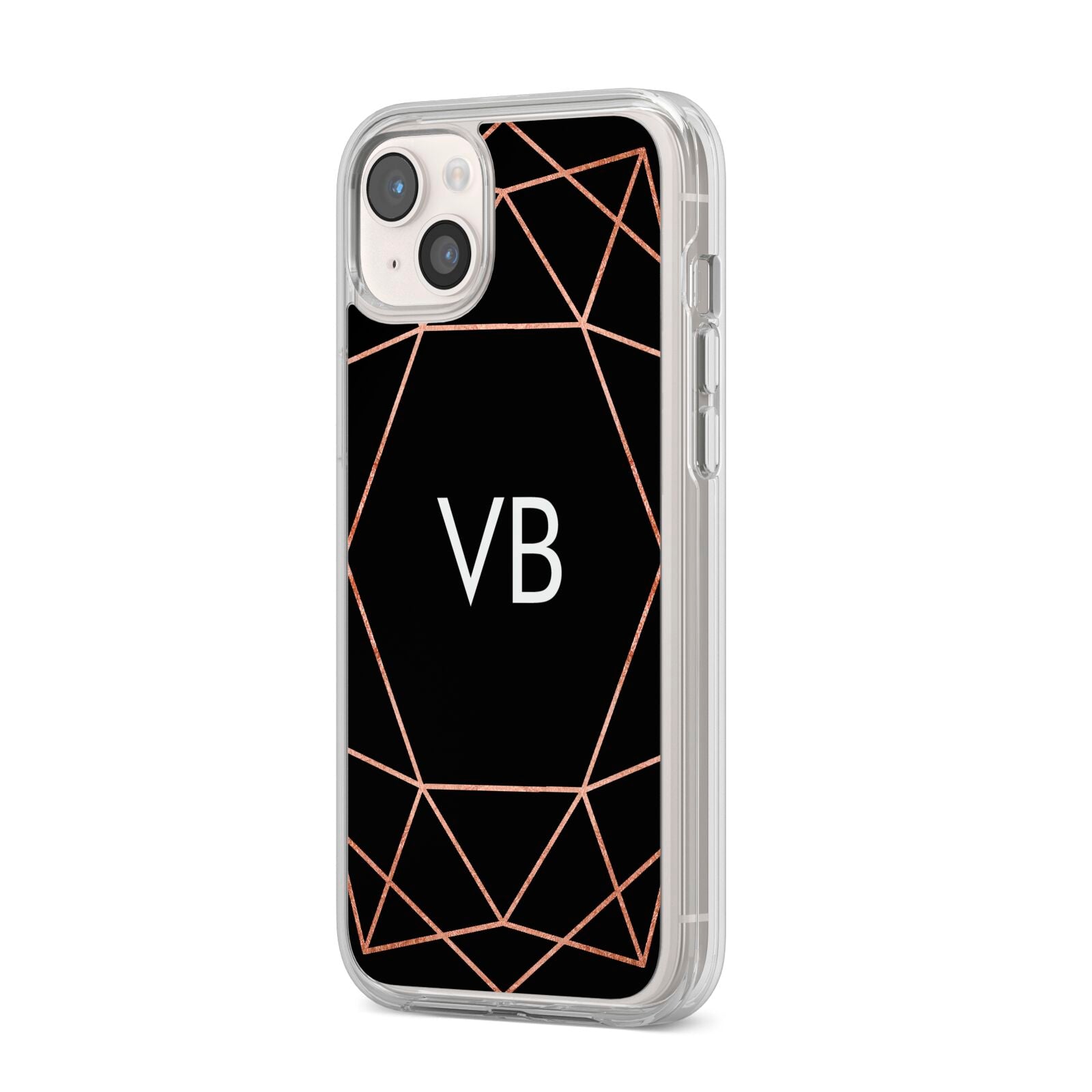 Personalised Black Rose Gold Initials Geometric iPhone 14 Plus Clear Tough Case Starlight Angled Image