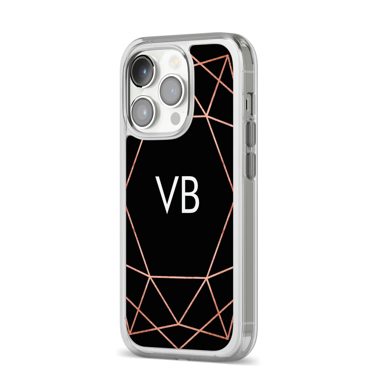 Personalised Black Rose Gold Initials Geometric iPhone 14 Pro Clear Tough Case Silver Angled Image