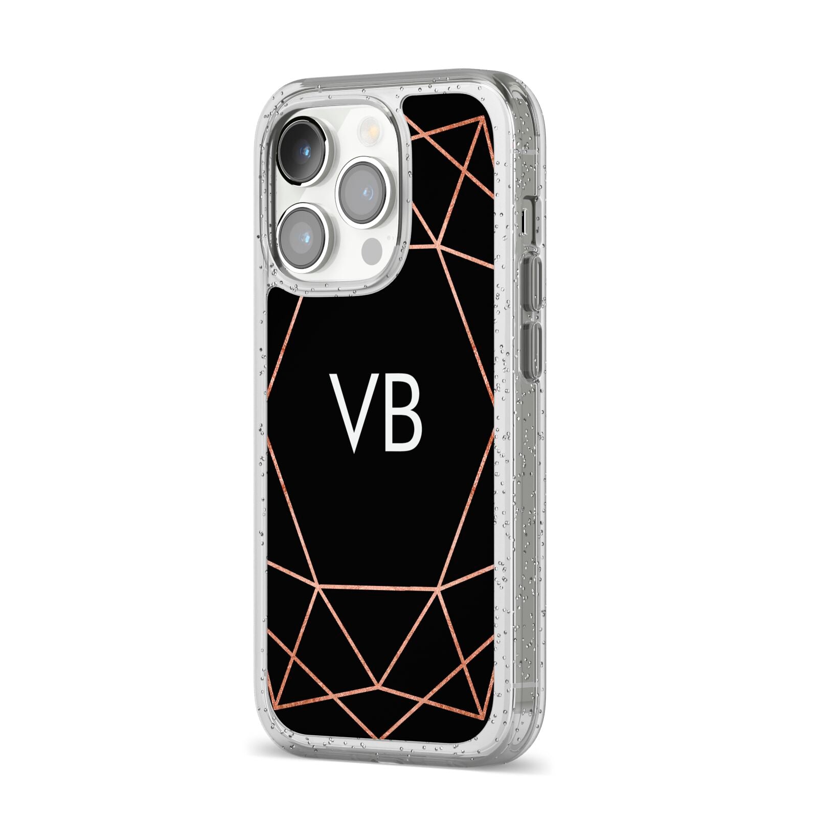 Personalised Black Rose Gold Initials Geometric iPhone 14 Pro Glitter Tough Case Silver Angled Image