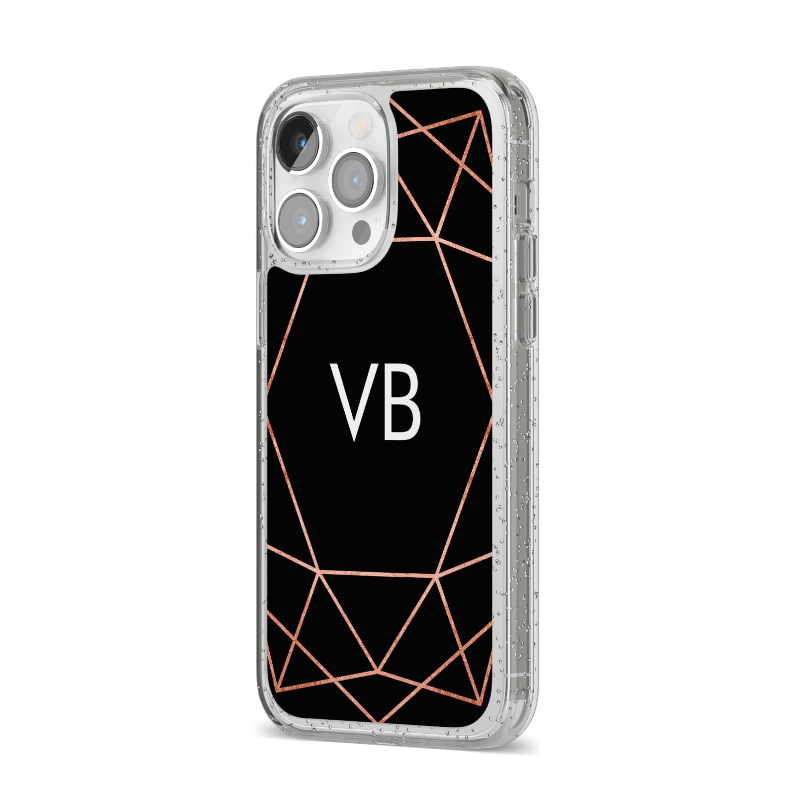 Personalised Black Rose Gold Initials Geometric iPhone 14 Pro Max Glitter Tough Case Silver Angled Image