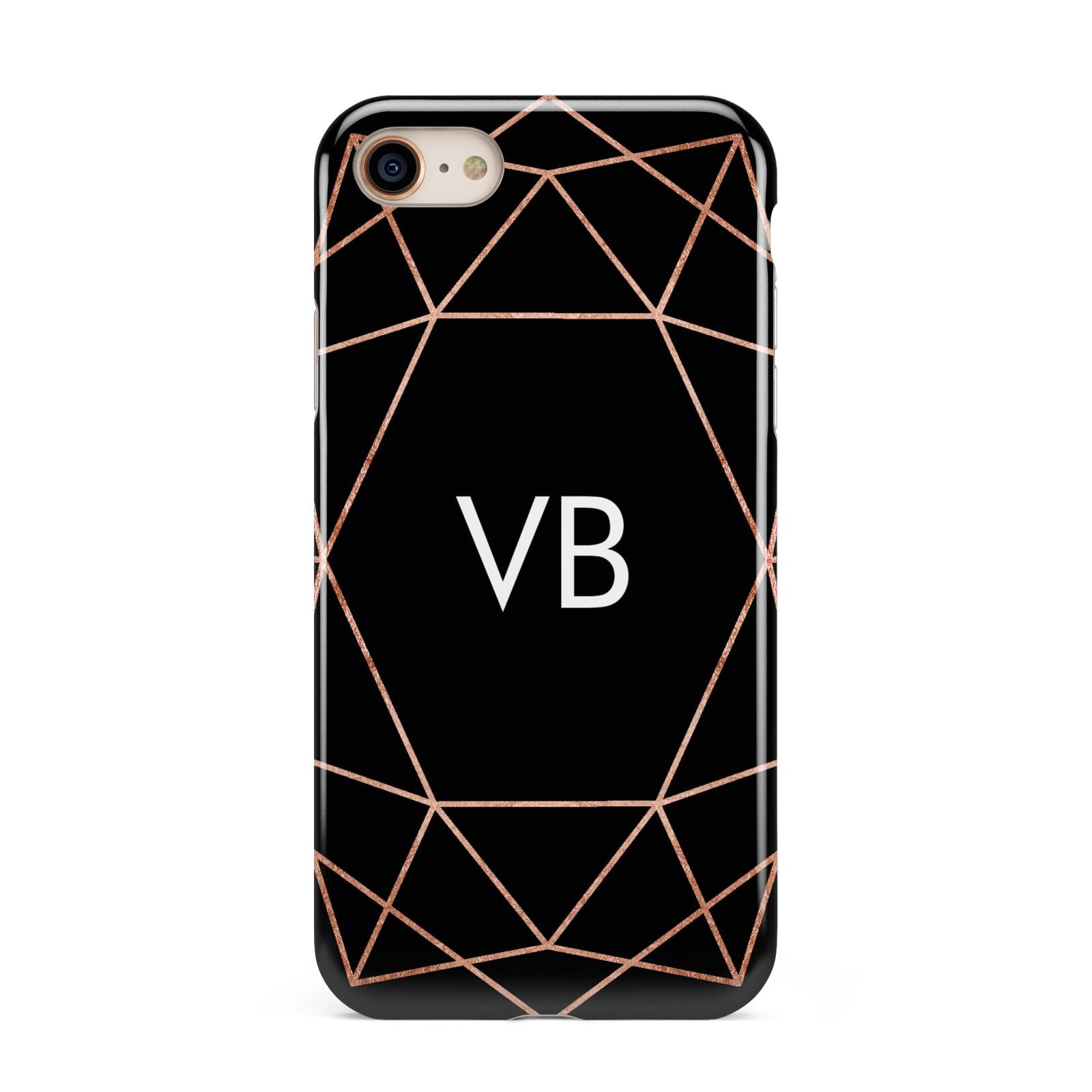 Personalised Black Rose Gold Initials Geometric iPhone 8 3D Tough Case on Gold Phone
