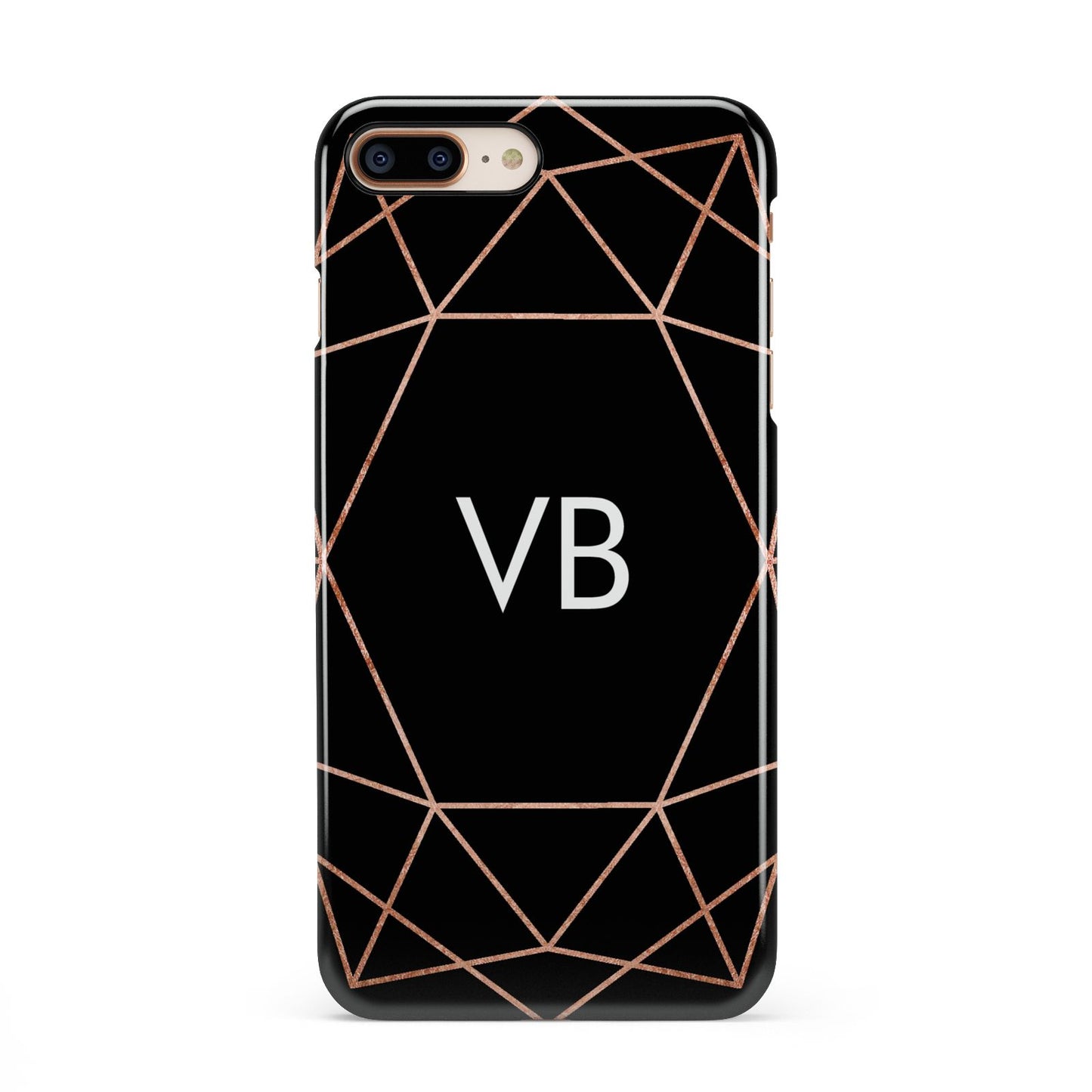 Personalised Black Rose Gold Initials Geometric iPhone 8 Plus 3D Snap Case on Gold Phone