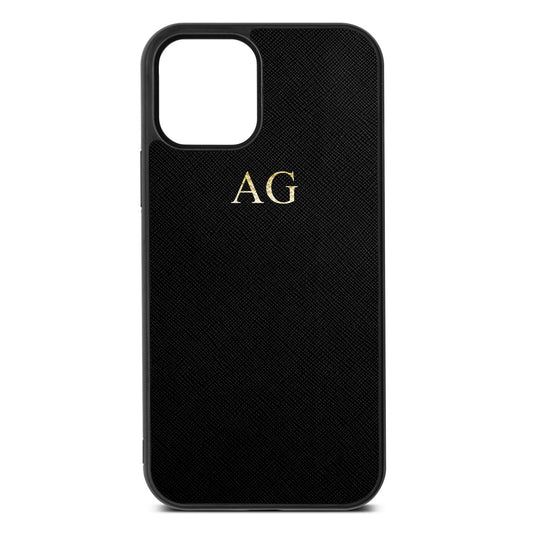 Personalised Black Saffiano Leather iPhone 12 Case