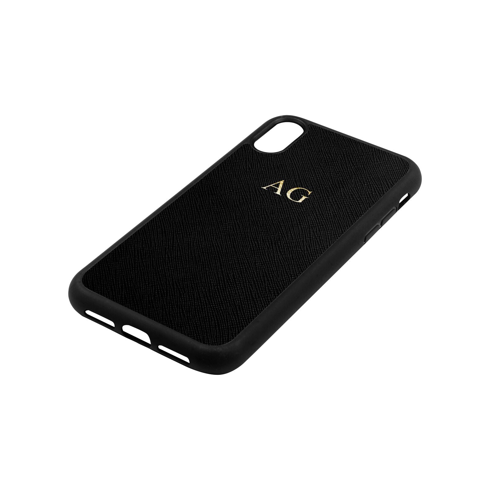 Personalised Black Saffiano Leather iPhone Xr Case Side Angle