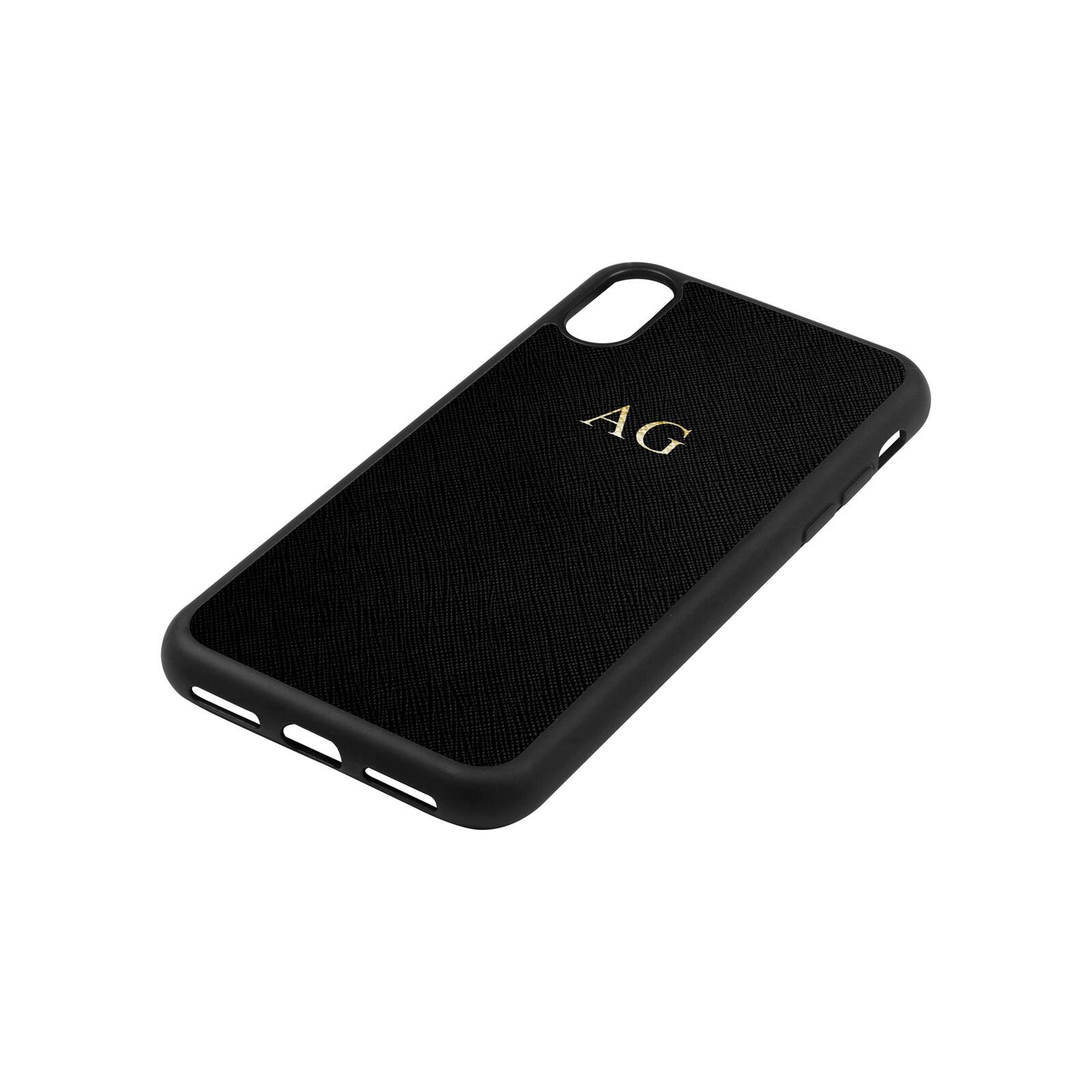 Personalised Black Saffiano Leather iPhone Xs Case Side Angle