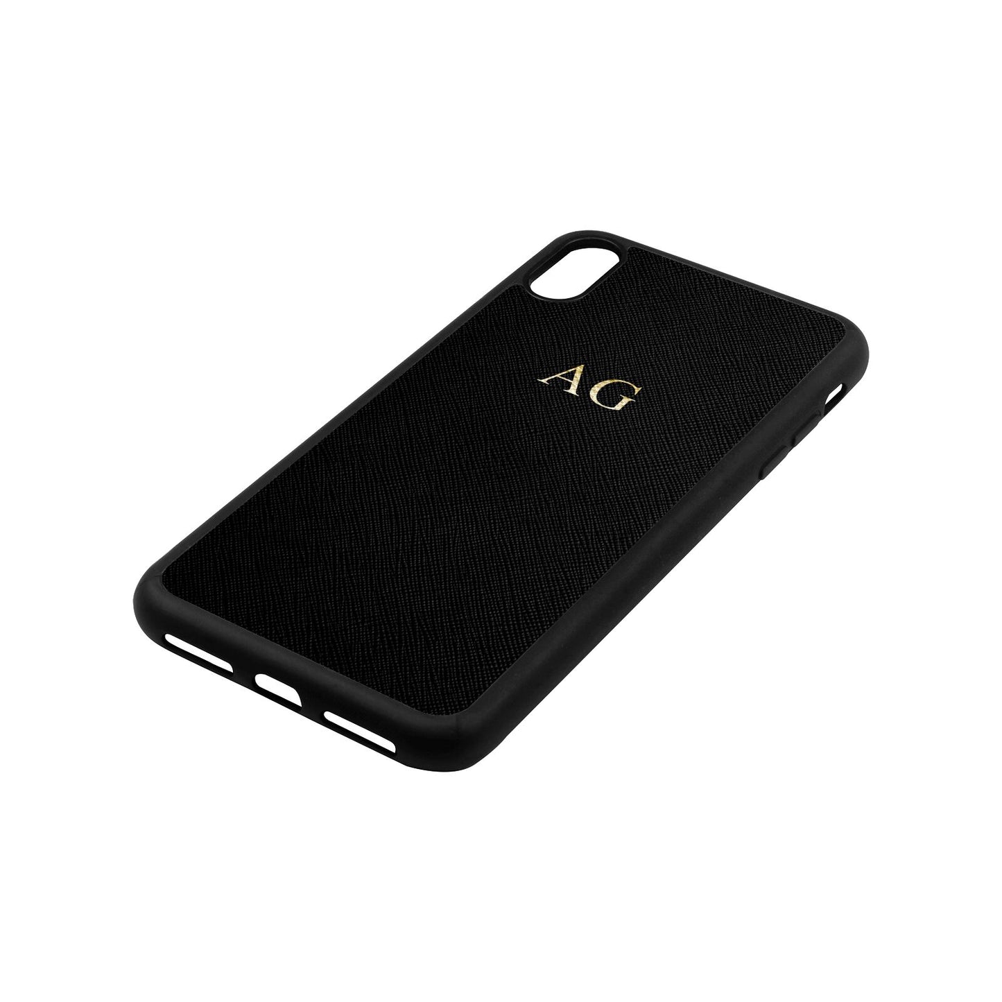 Personalised Black Saffiano Leather iPhone Xs Max Case Side Angle