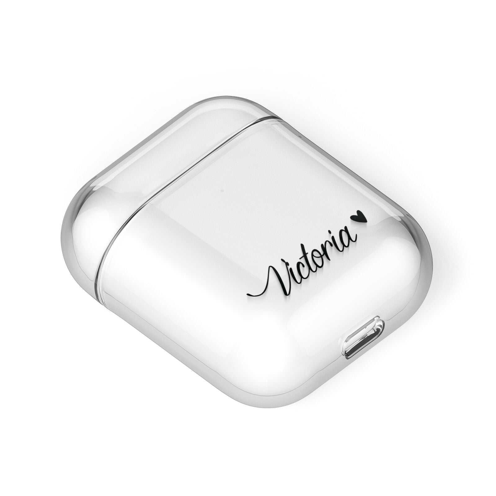 Personalised Black Script Name Heart Clear AirPods Case Laid Flat