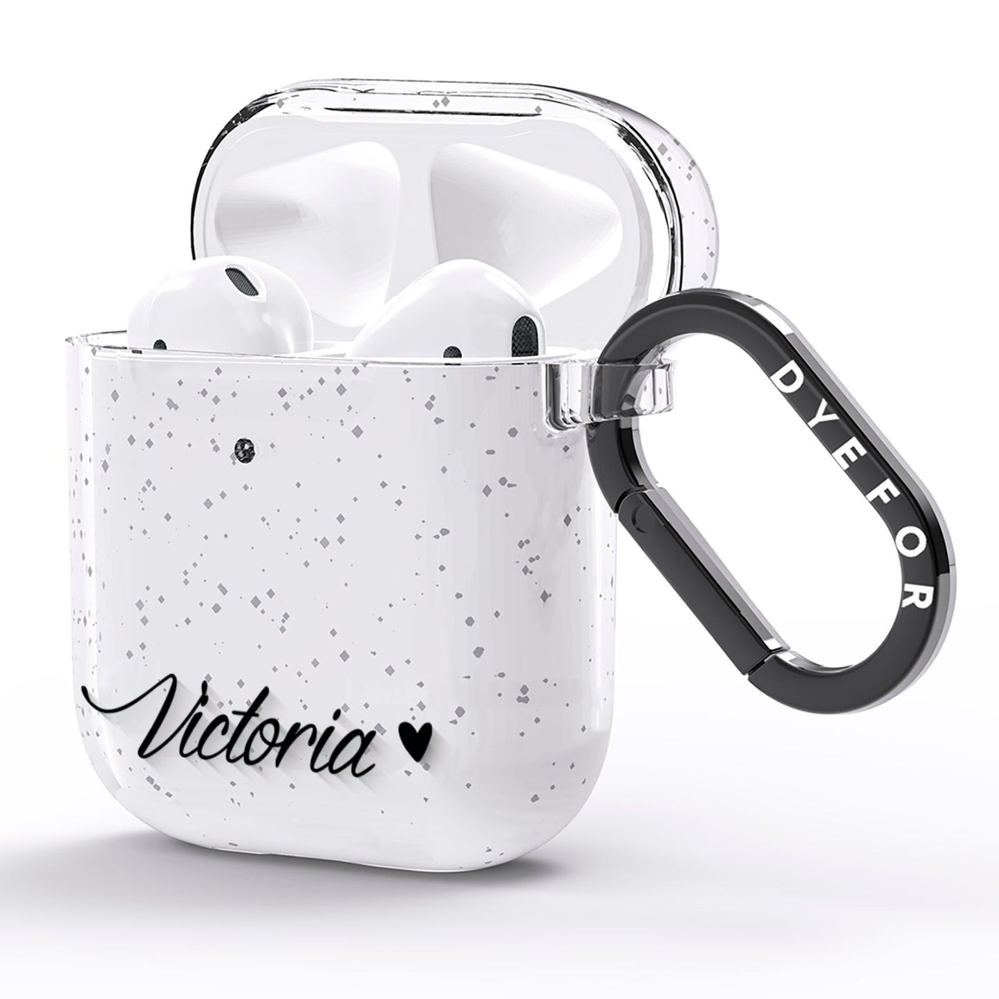 Personalised Black Script Name Heart Clear AirPods Glitter Case Side Image