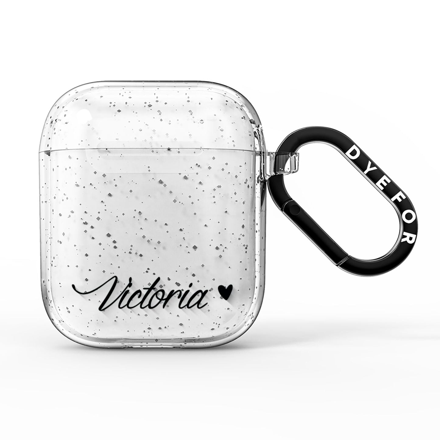Personalised Black Script Name Heart Clear AirPods Glitter Case