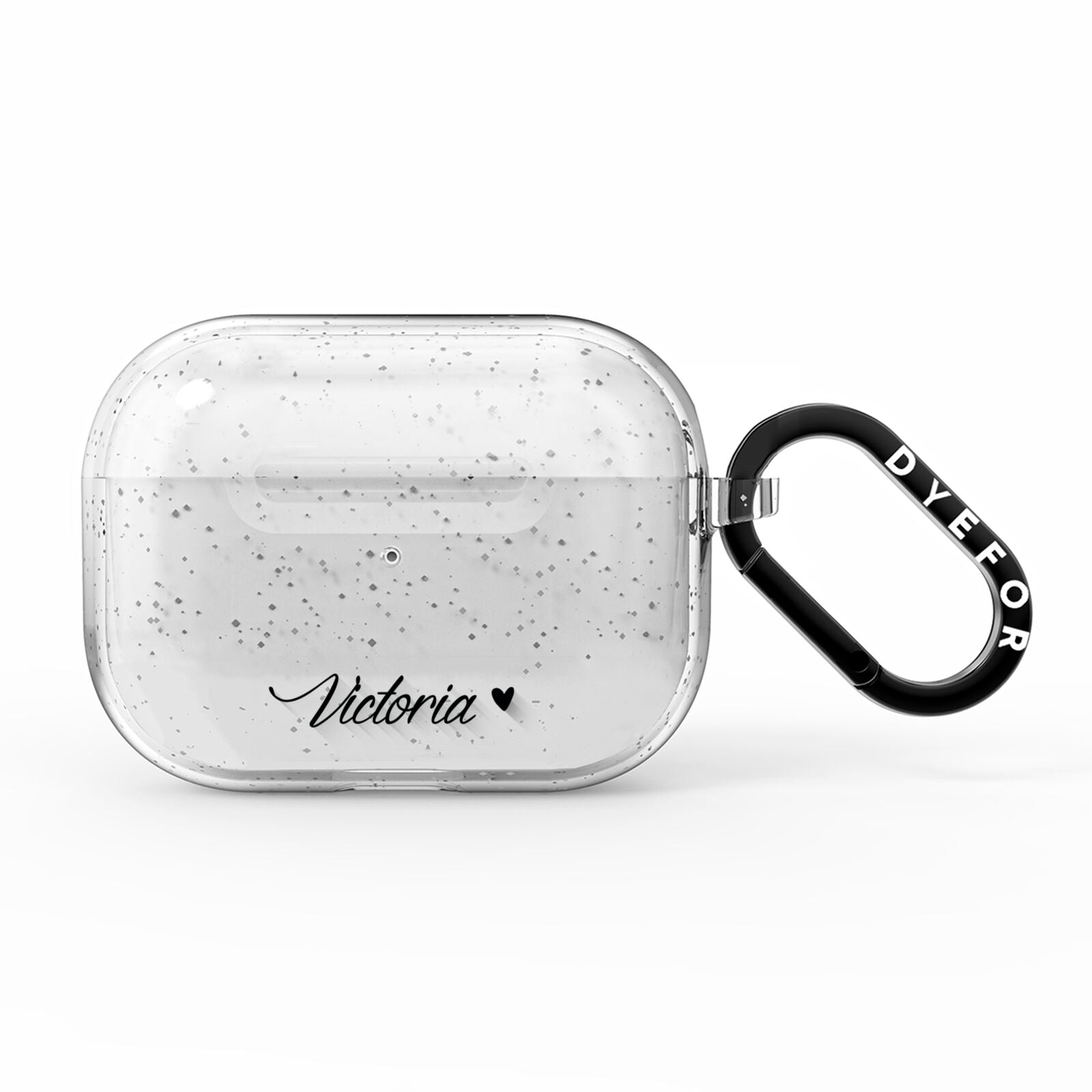 Personalised Black Script Name Heart Clear AirPods Pro Glitter Case