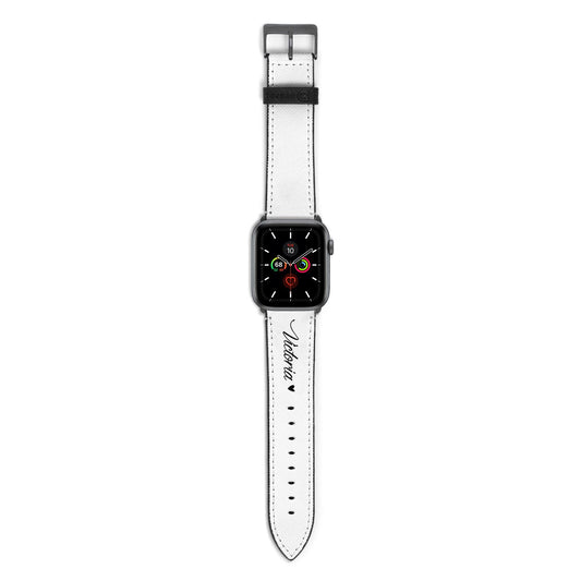 Personalised Black Script Name Heart Clear Apple Watch Strap with Space Grey Hardware