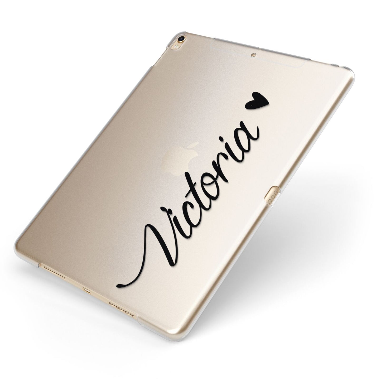 Personalised Black Script Name Heart Clear Apple iPad Case on Gold iPad Side View