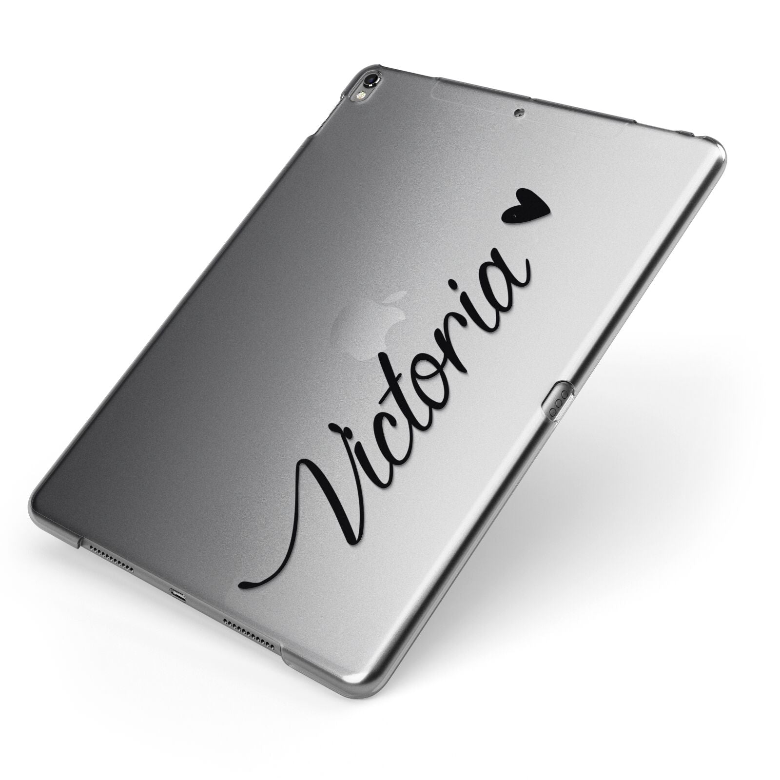 Personalised Black Script Name Heart Clear Apple iPad Case on Grey iPad Side View
