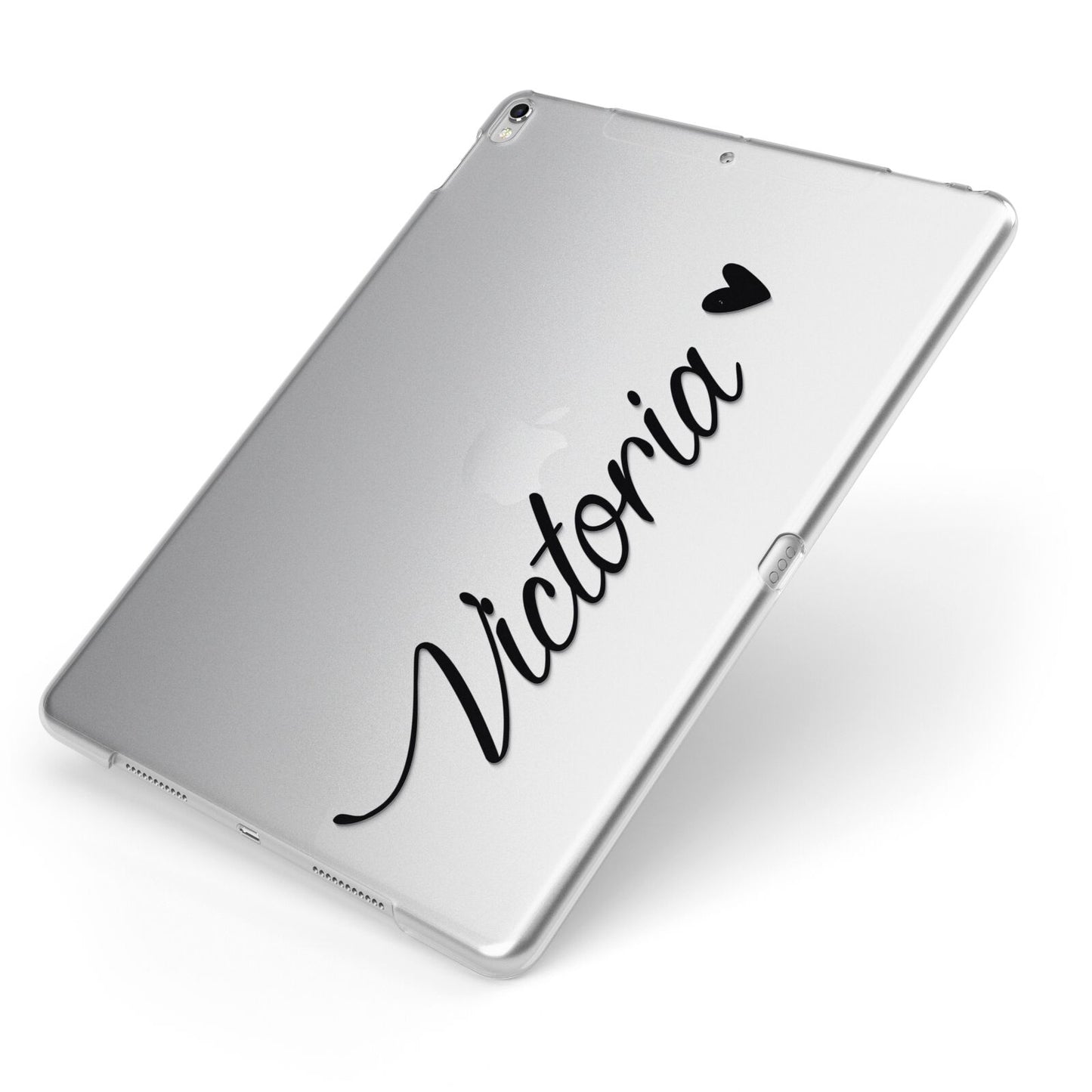 Personalised Black Script Name Heart Clear Apple iPad Case on Silver iPad Side View