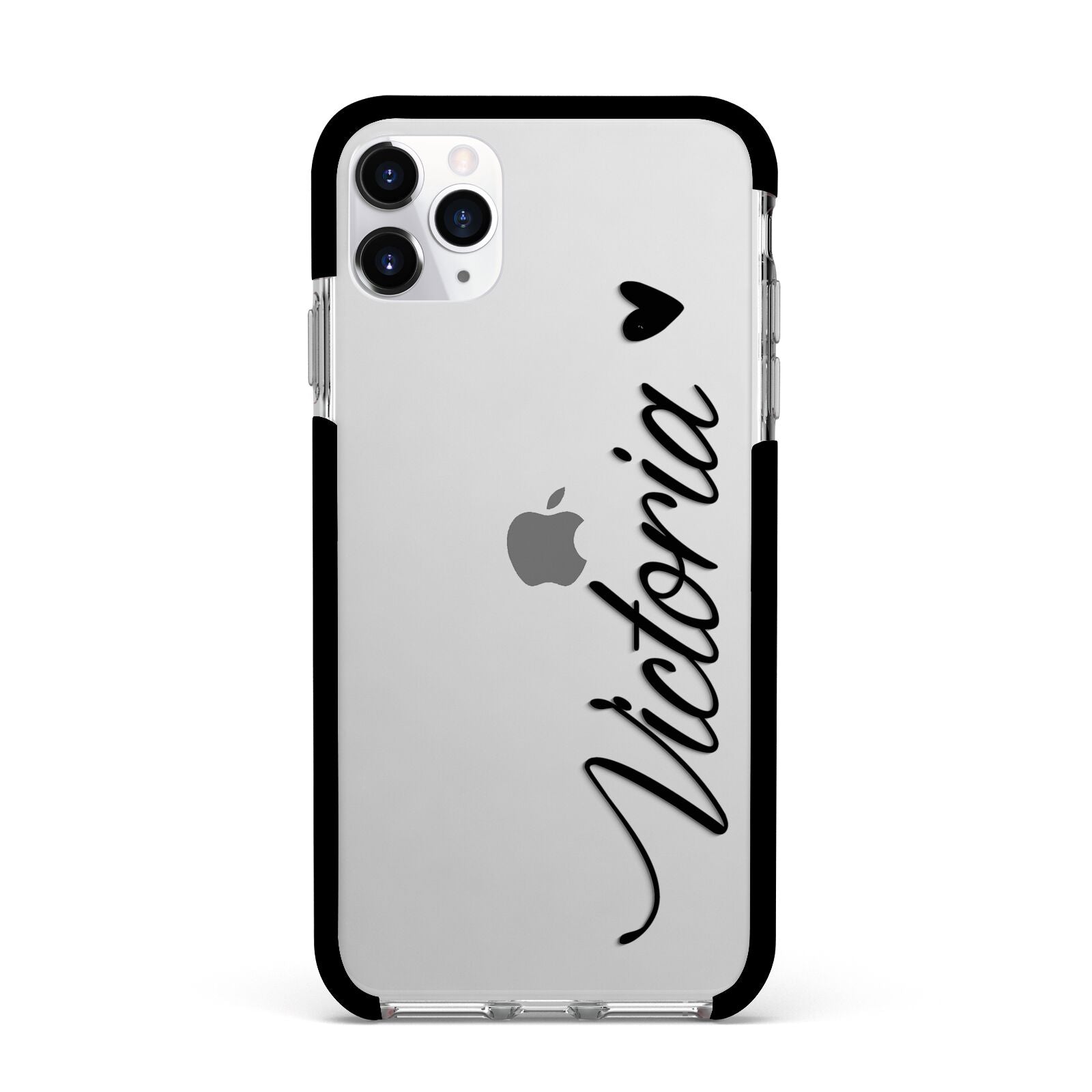 Personalised Black Script Name Heart Clear Apple iPhone 11 Pro Max in Silver with Black Impact Case