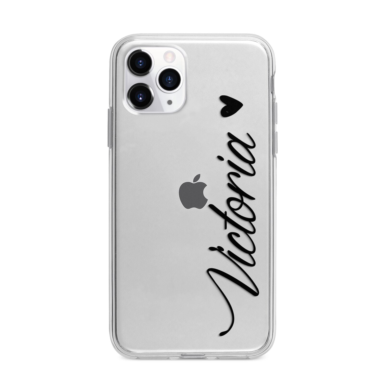 Personalised Black Script Name Heart Clear Apple iPhone 11 Pro Max in Silver with Bumper Case